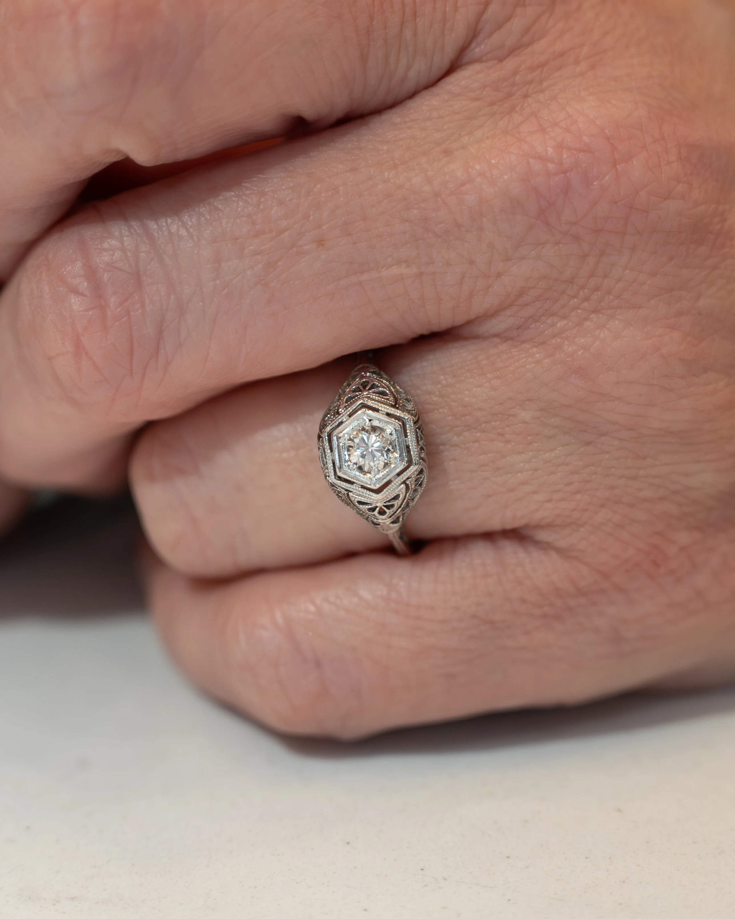 .28 Antique Deco Diamond Filigree Engagement Ring 18k - Image 7