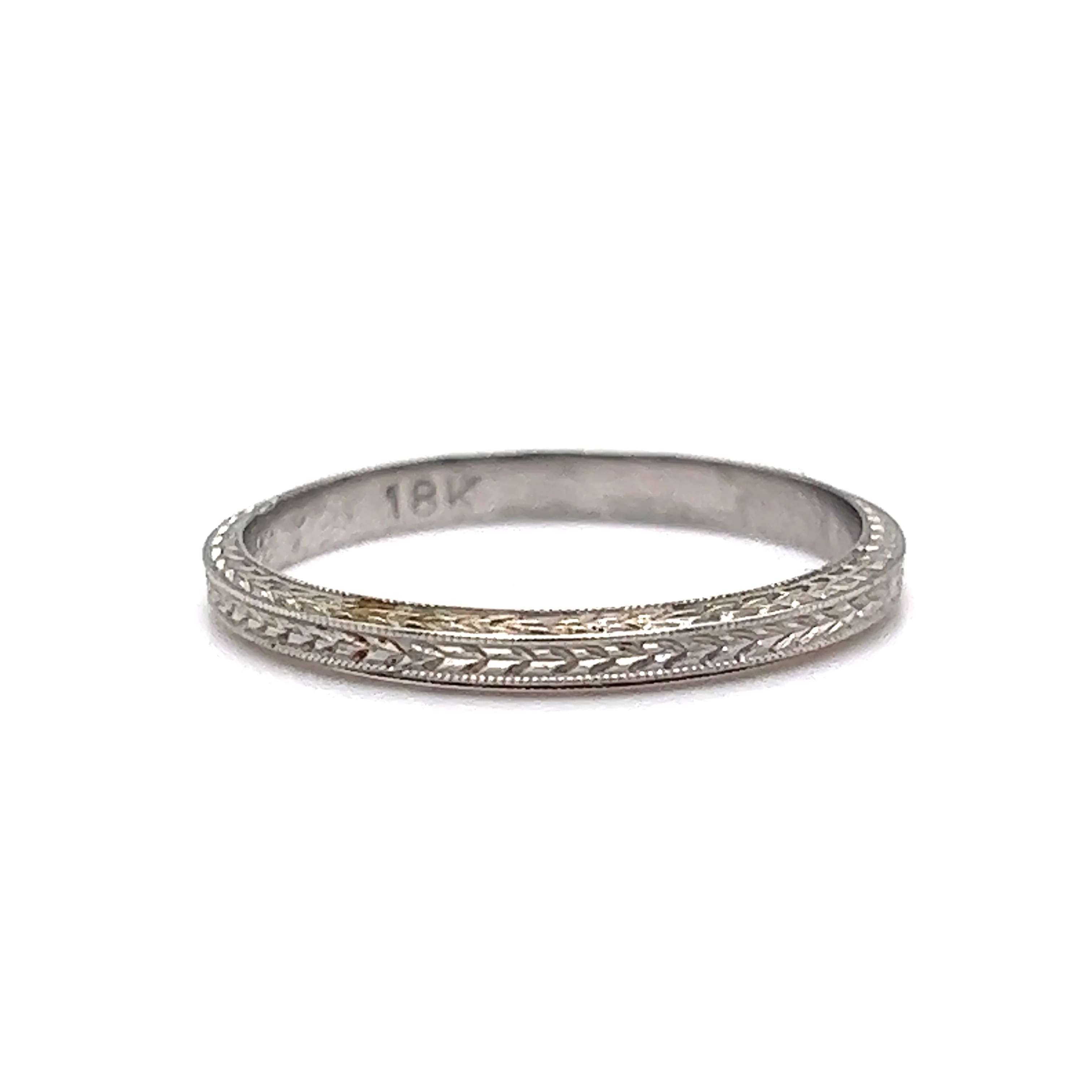 2mm Engraved Art Deco Wedding Band in 18k White Gold - Image 3