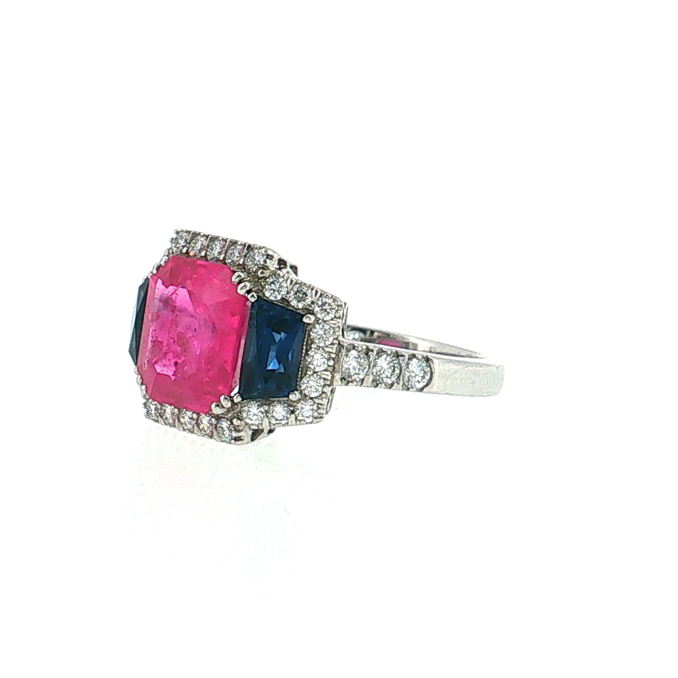 3.03 Pink Sapphire Three Stone Halo Ring Platinum - Image 2