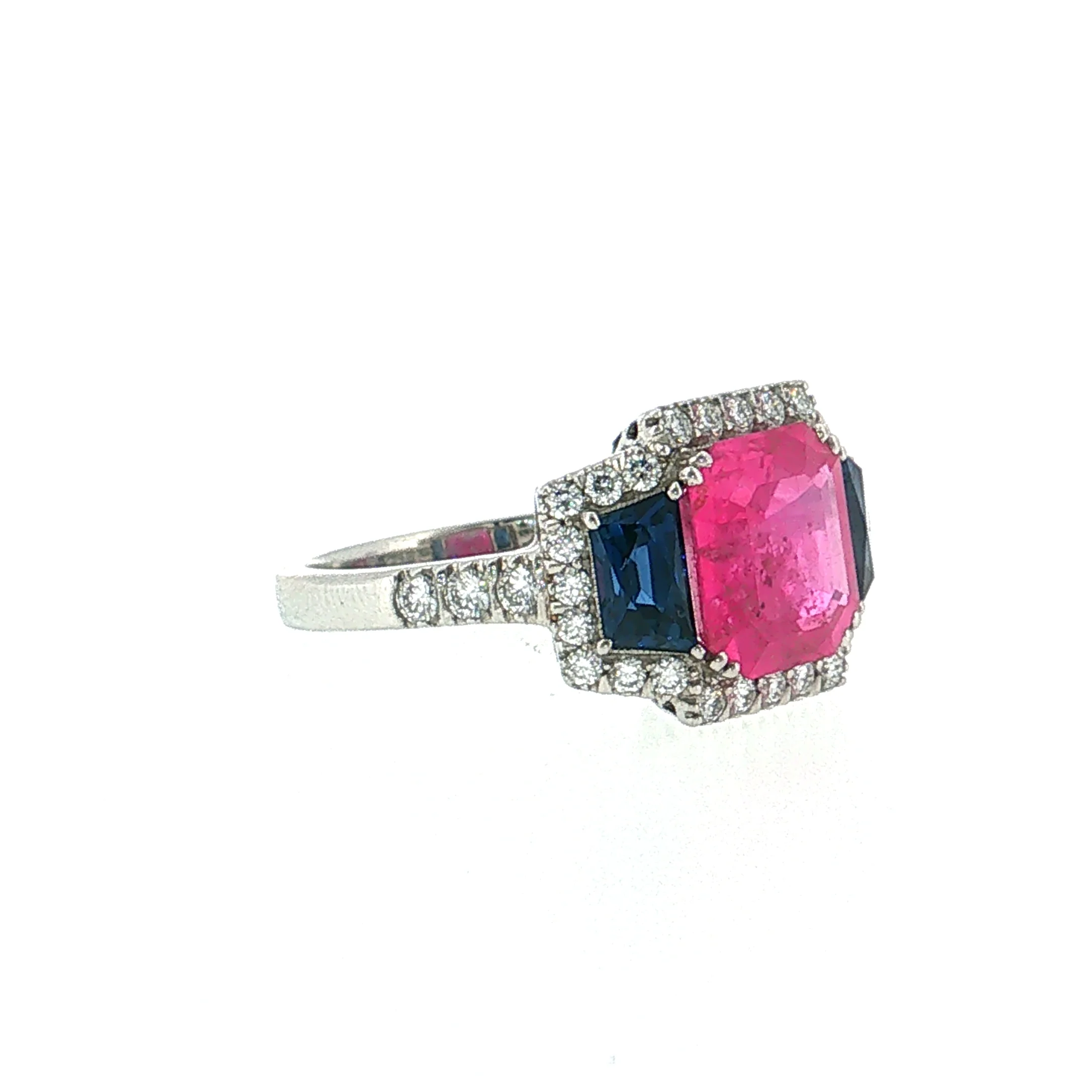 3.03 Pink Sapphire Three Stone Halo Ring Platinum - Image 3