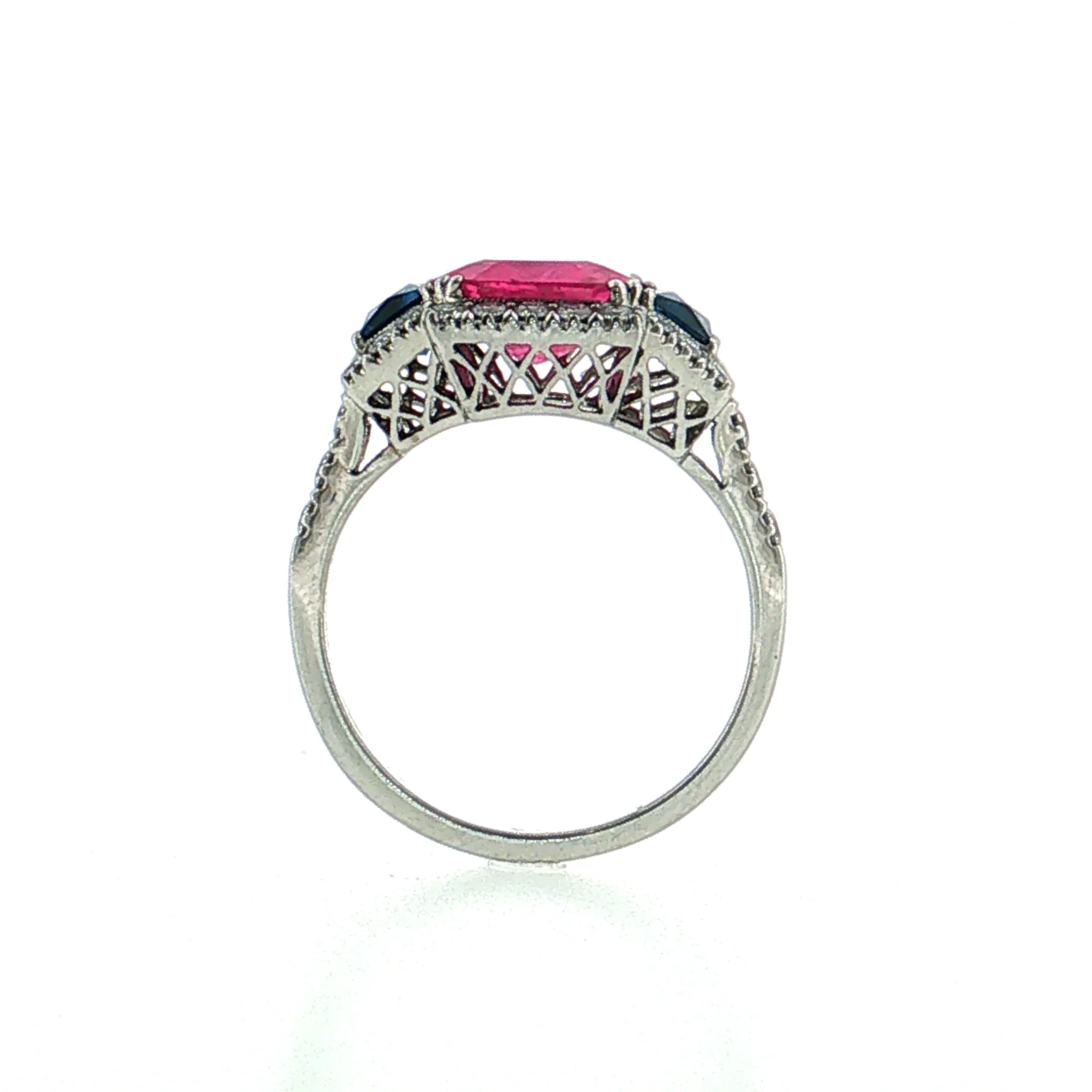 3.03 Pink Sapphire Three Stone Halo Ring Platinum - Image 4