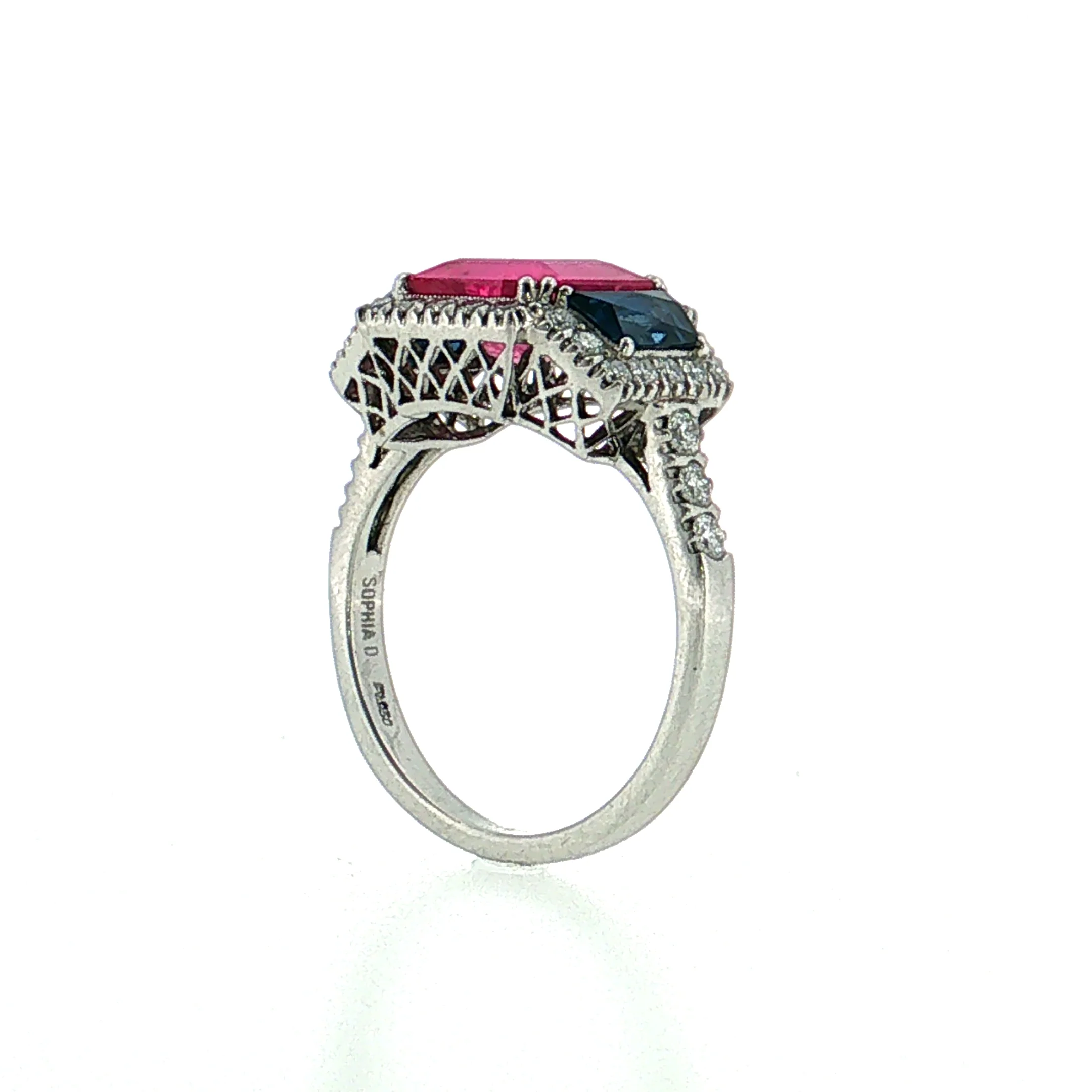 3.03 Pink Sapphire Three Stone Halo Ring Platinum - Image 5