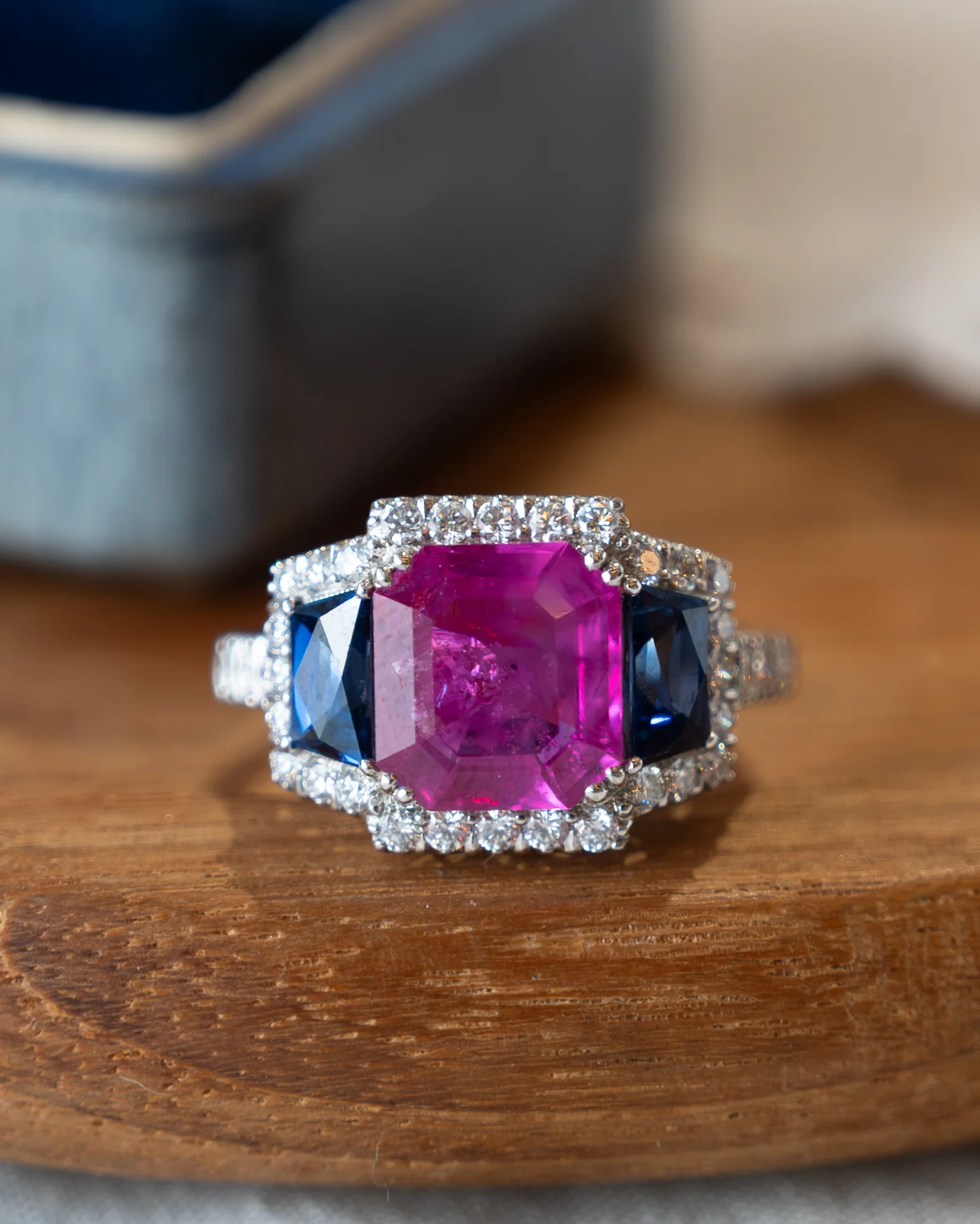 3.03 Pink Sapphire Three Stone Halo Ring Platinum - Image 6