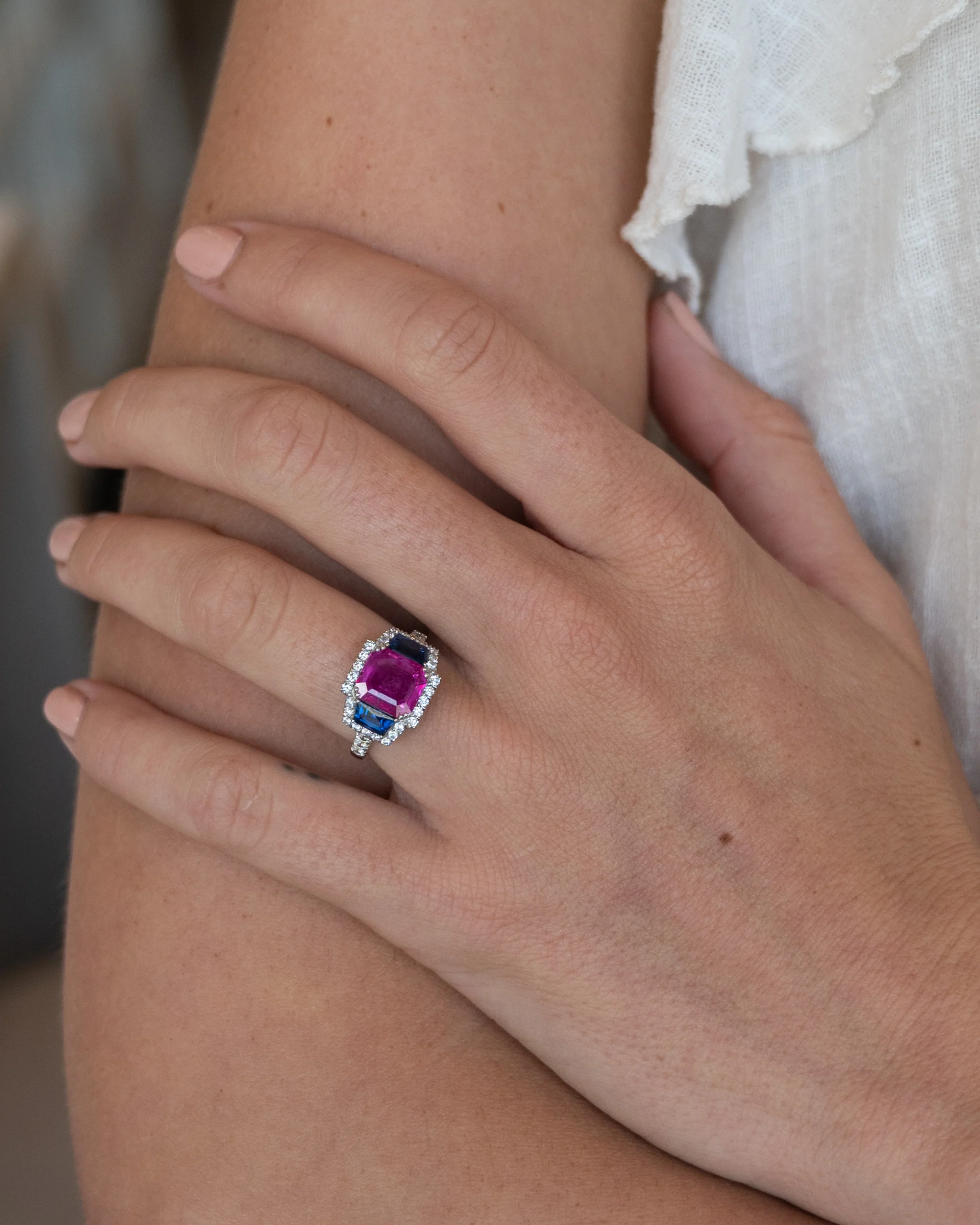 3.03 Pink Sapphire Three Stone Halo Ring Platinum - Image 7