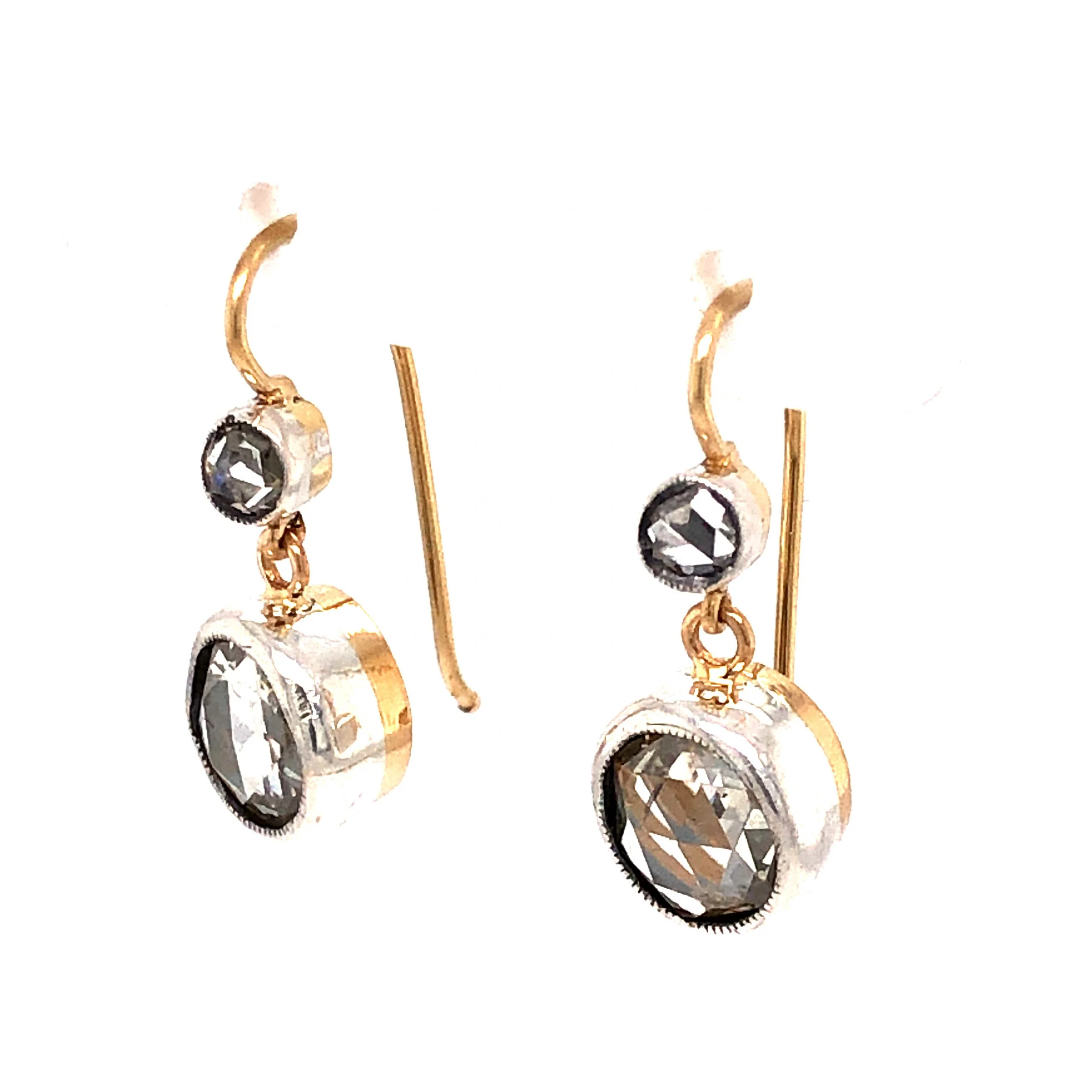 3.04 Victorian Rose Cut Diamond Earrings in 14k Gold and Silver - Image 2