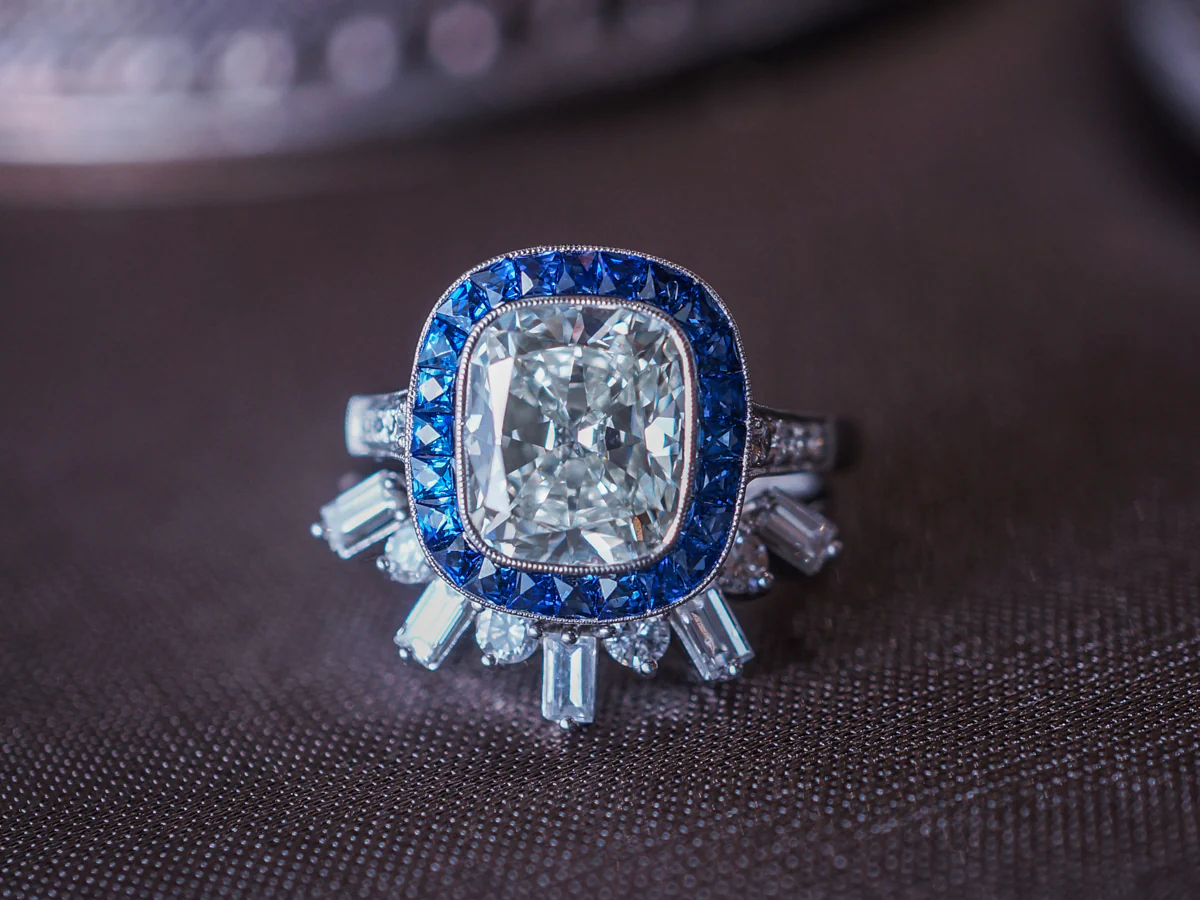 3 Carat Cushion Diamond & Sapphire Halo Engagement Ring - Image 6