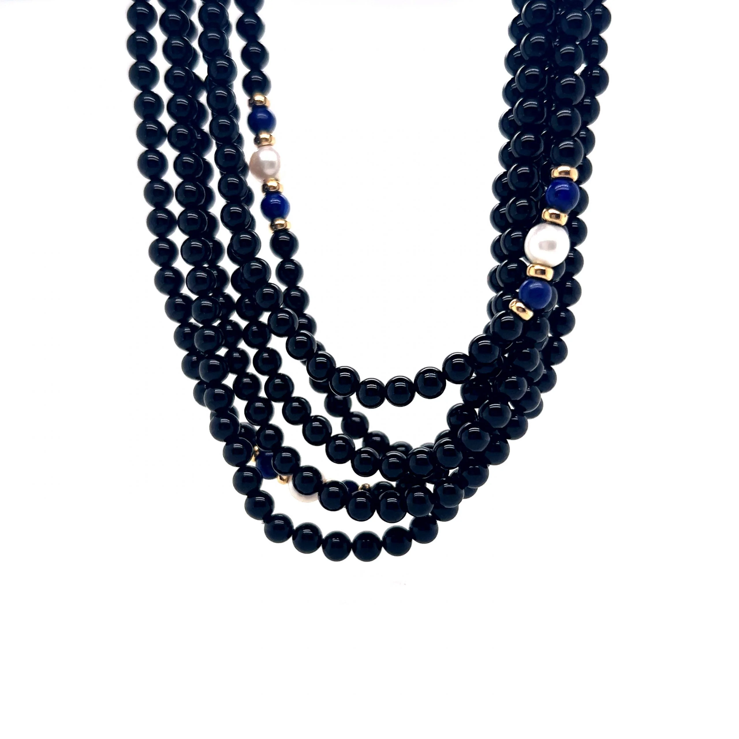 32 Inch Black Onyx Beaded Necklace in 14k Yellow Gold