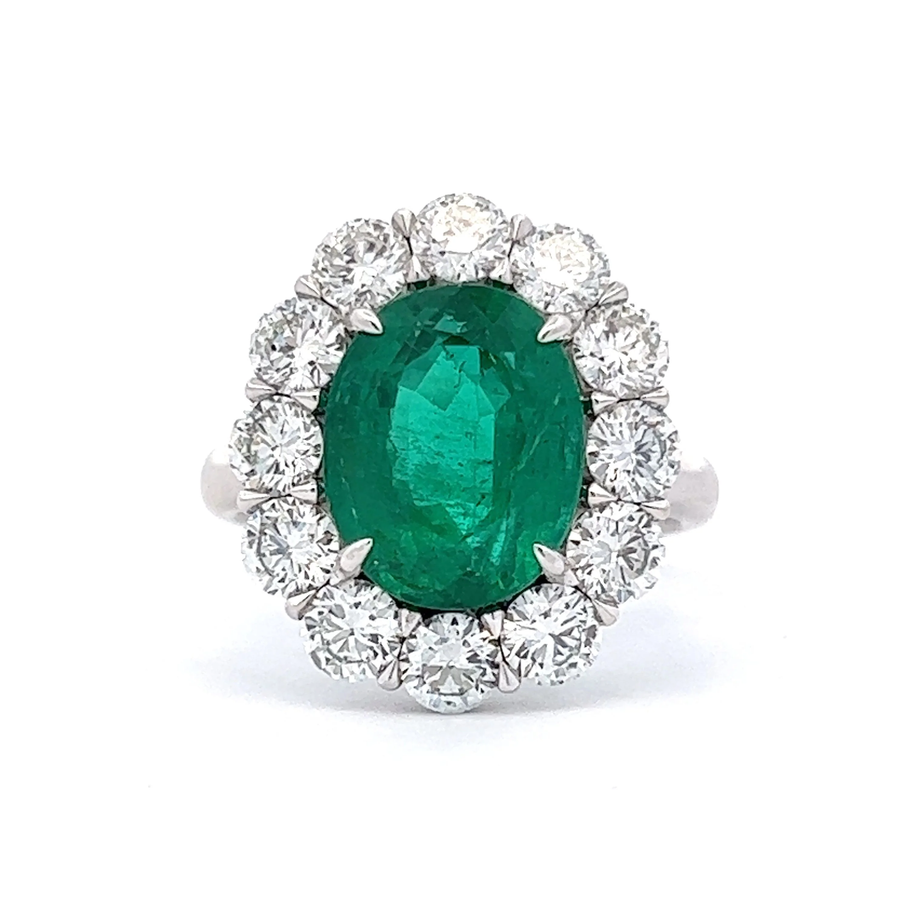 4.33 Oval Green Emerald & Diamond Halo Cocktail Ring in Platinum