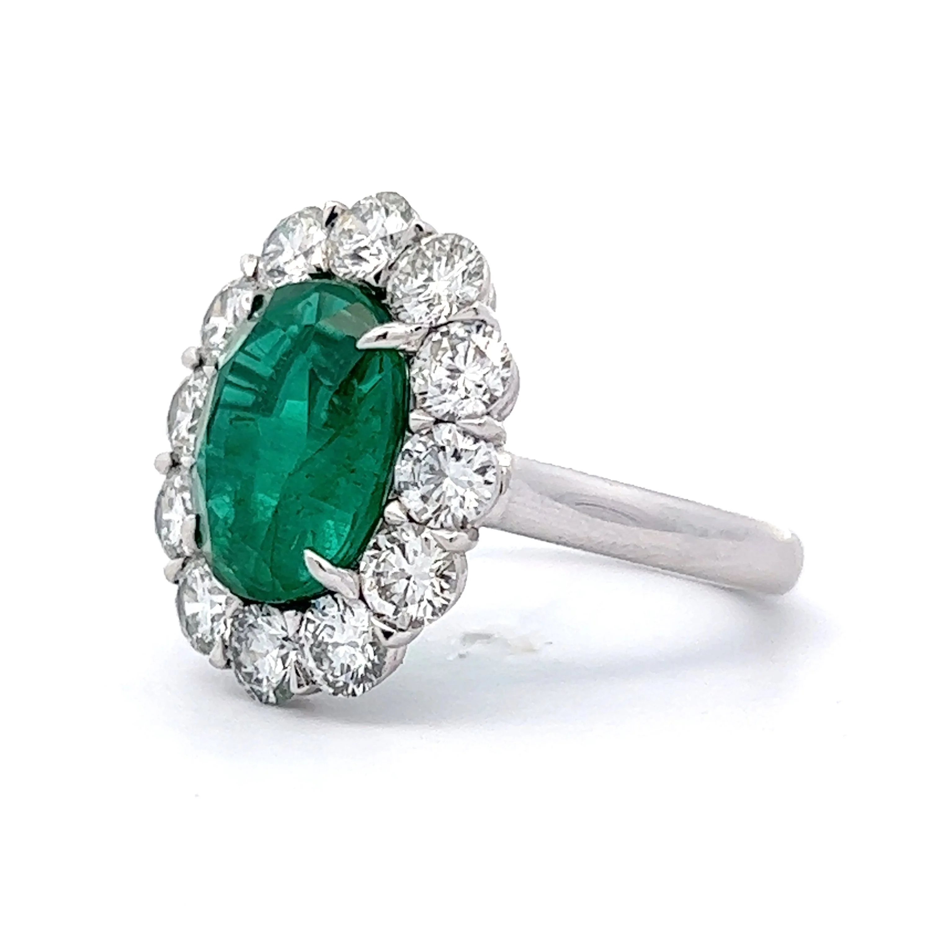 4.33 Oval Green Emerald & Diamond Halo Cocktail Ring in Platinum - Image 2