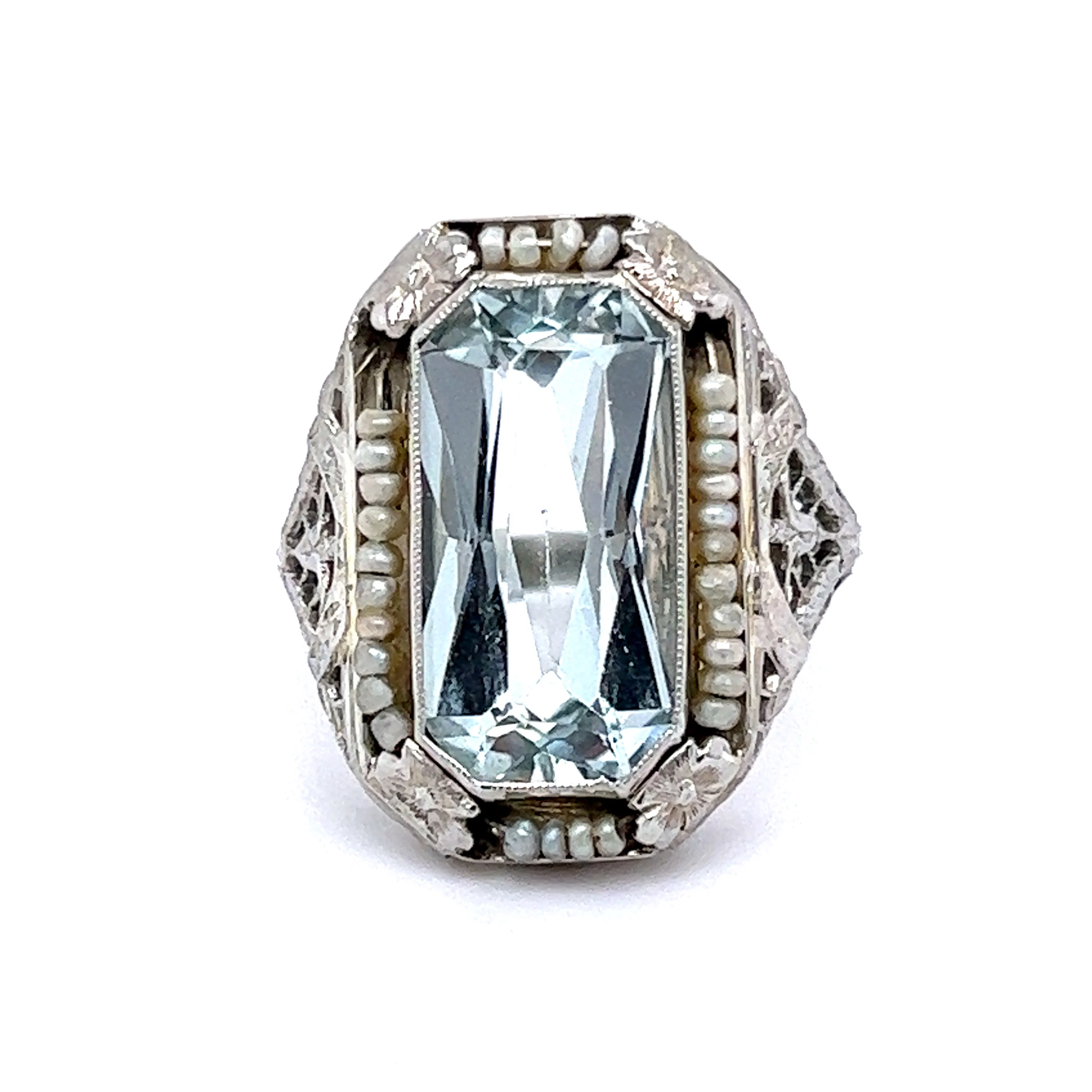 4.59 Art Deco Aquamarine Cocktail Ring in 18k White Gold