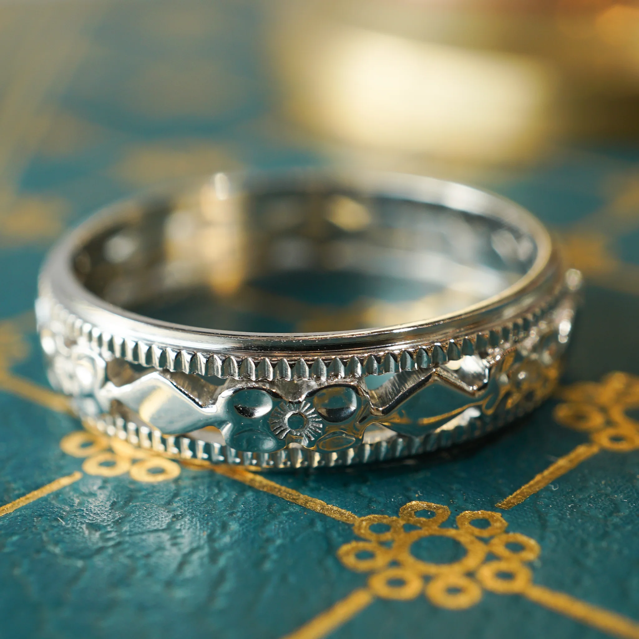 4.7mm Engraved Art Deco Wedding Band in 14k White Gold - Image 6