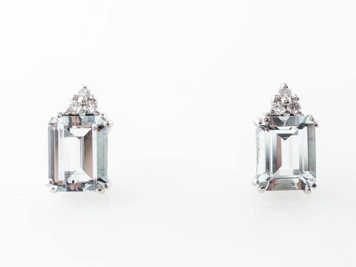 4.88 Emerald Cut Aquamarine & Diamond Earrings