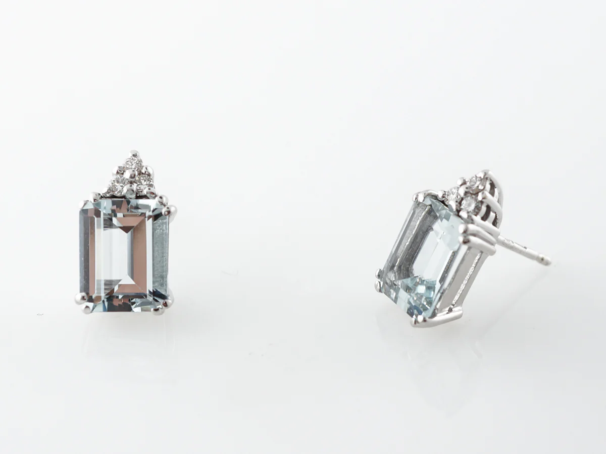 4.88 Emerald Cut Aquamarine & Diamond Earrings - Image 2