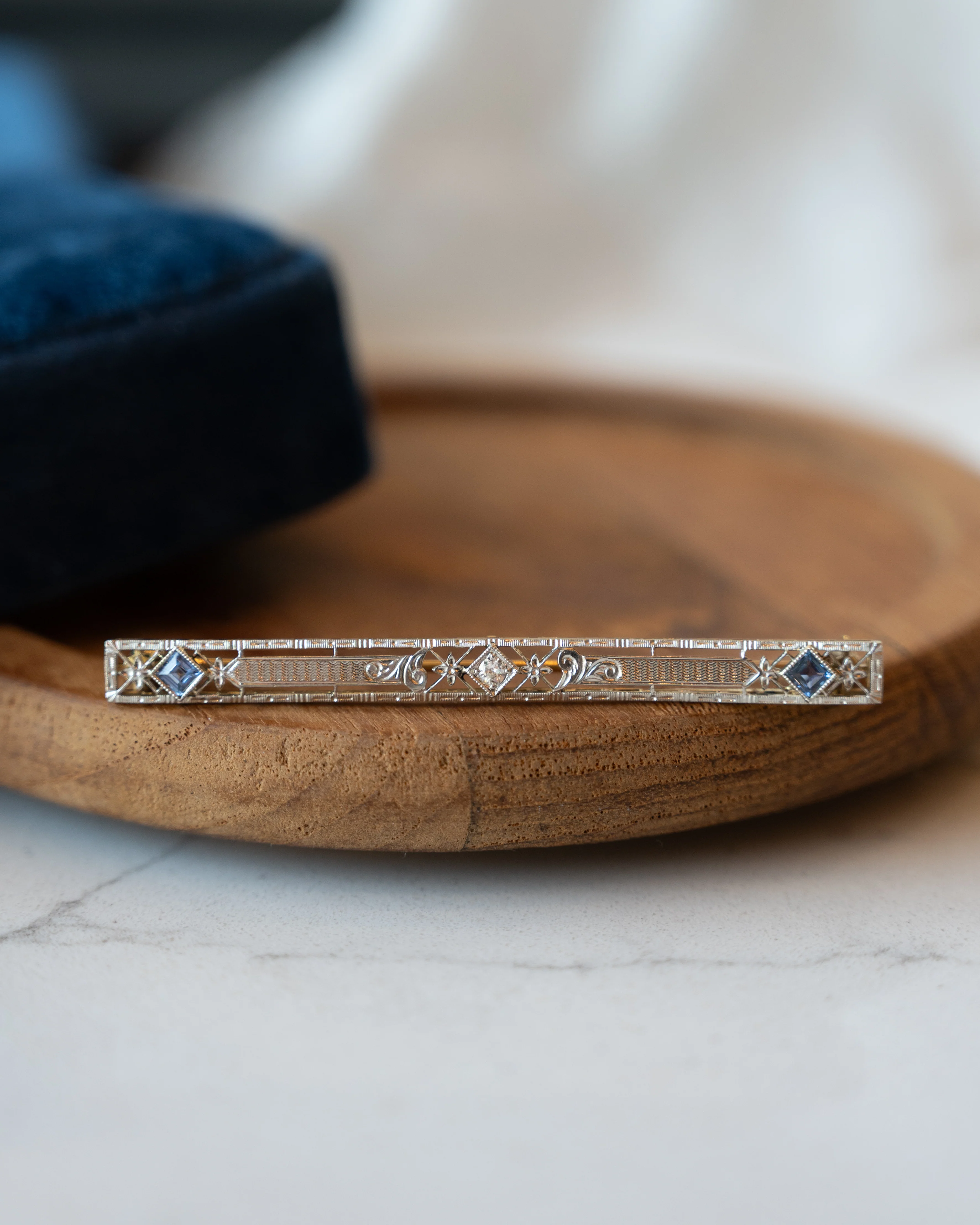 .40 Antique Art Deco Sapphire Bar Brooch 14k - Image 3