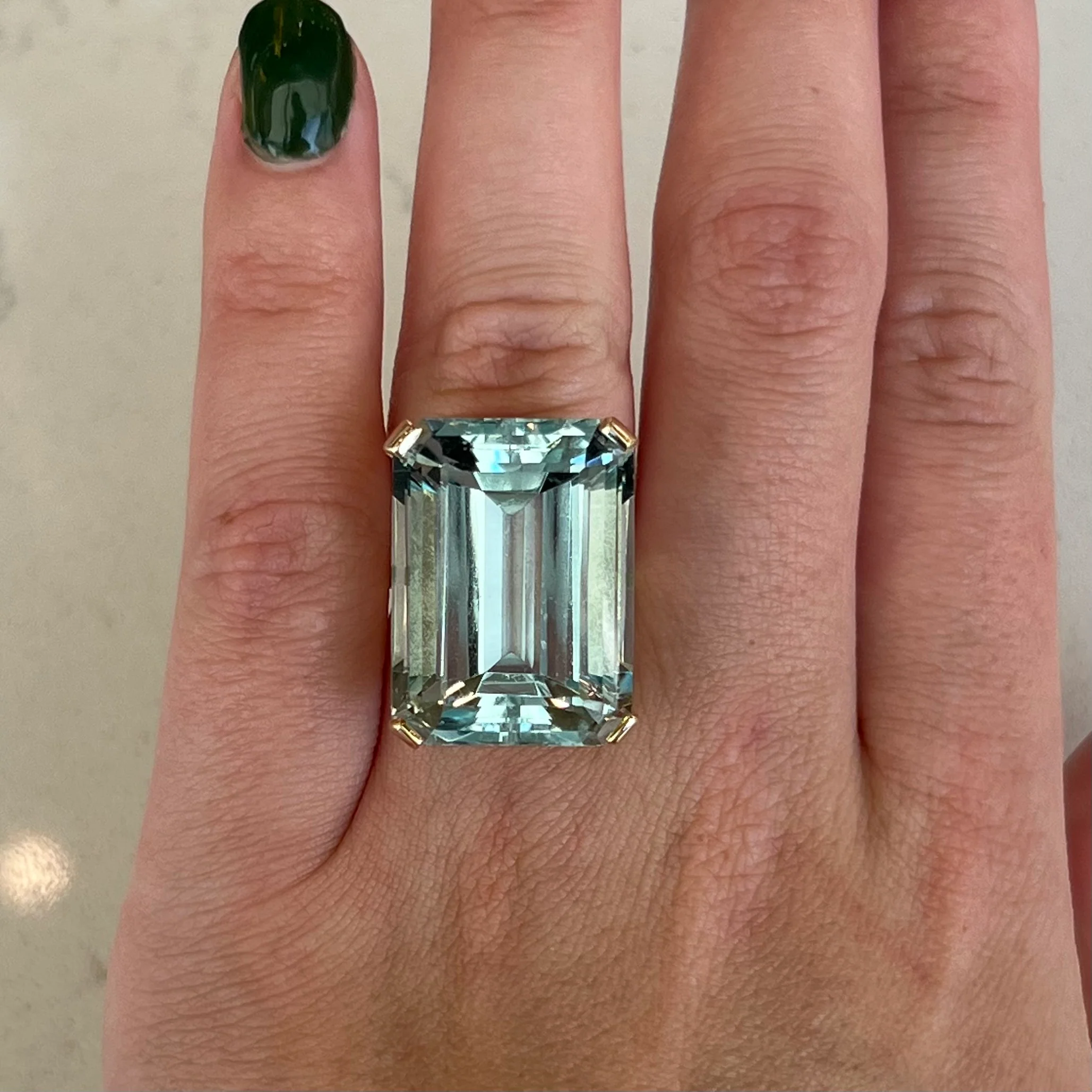 44 Carat Emerald Cut Aquamarine Cocktail Ring in 14k Yellow Gold - Image 6