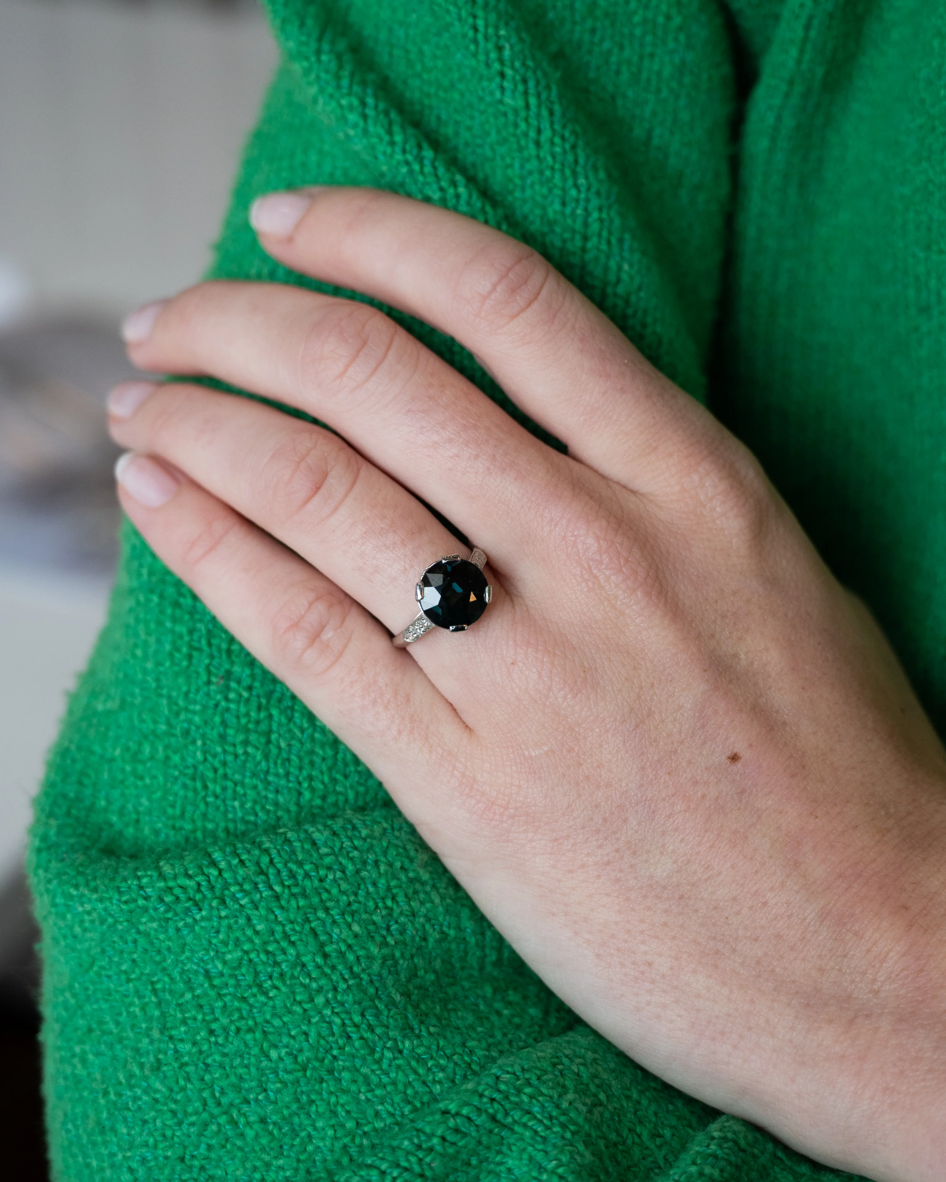 5.20 Vintage Green Sapphire Engagement Ring Platinum - Image 6
