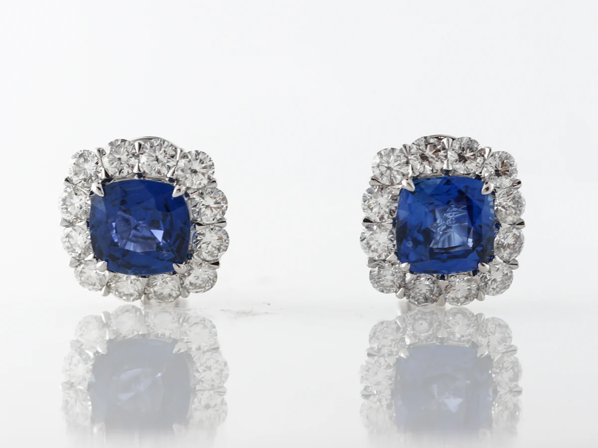6 Carat Sapphire Earrings w/ Diamond Halo in Platinum - Image 4