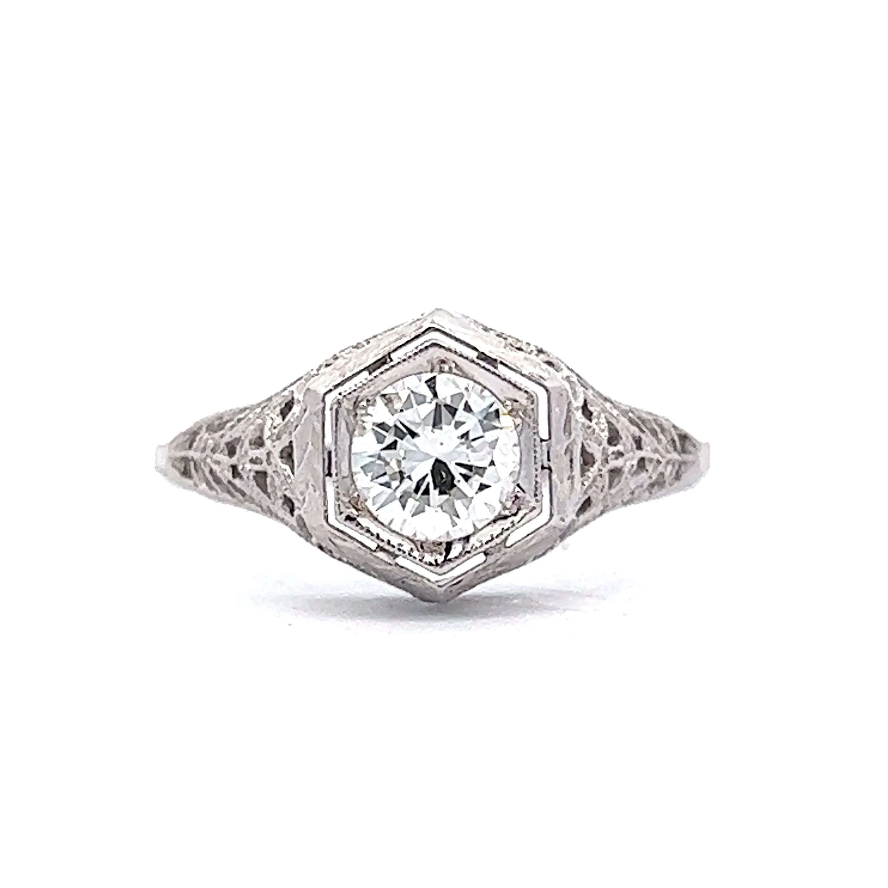 .62 Art Deco Filigree Diamond Engagement Ring in 18k White Gold