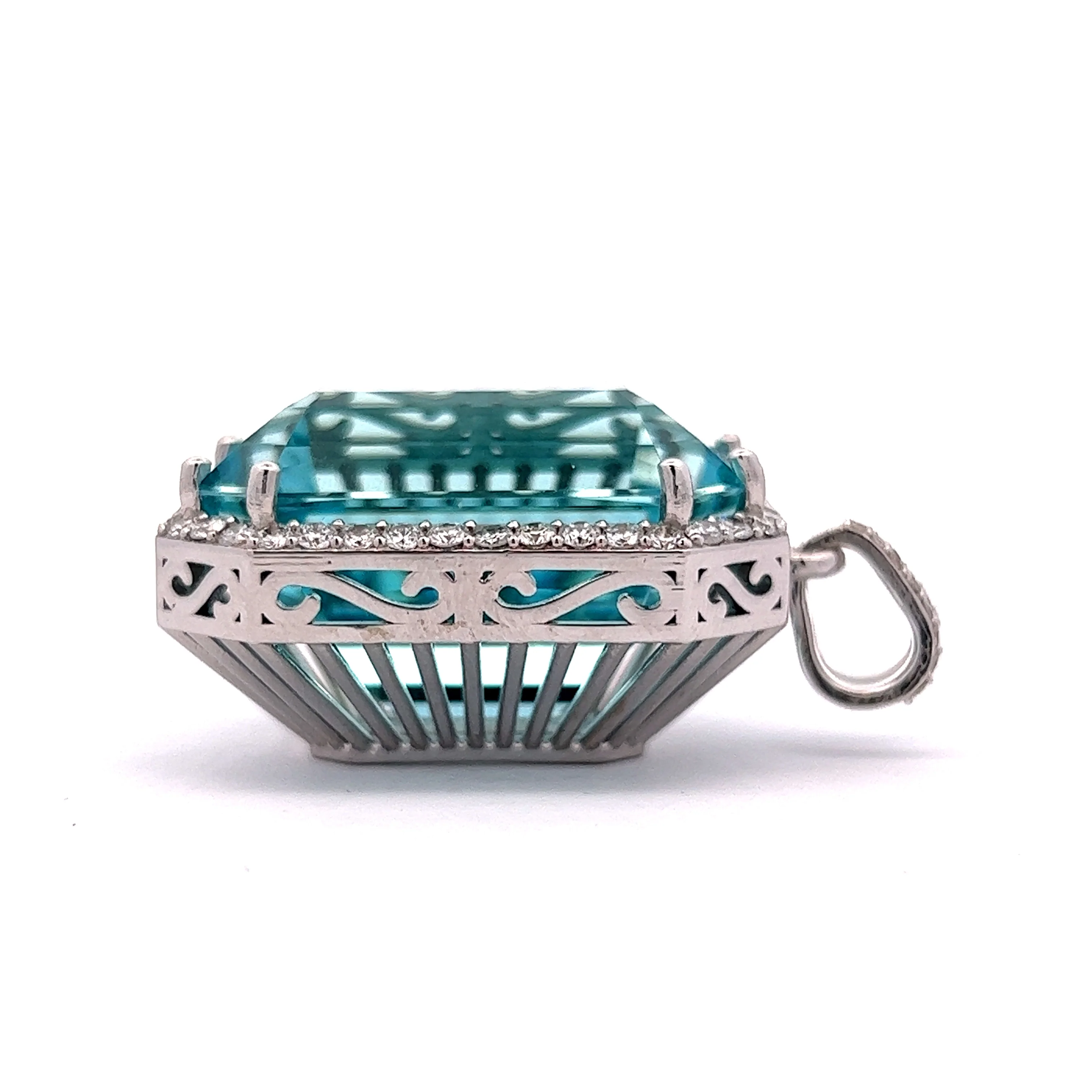 71.80 Emerald Cut Aquamarine & Diamond Pendant Necklace in 14K White Gold - Image 3