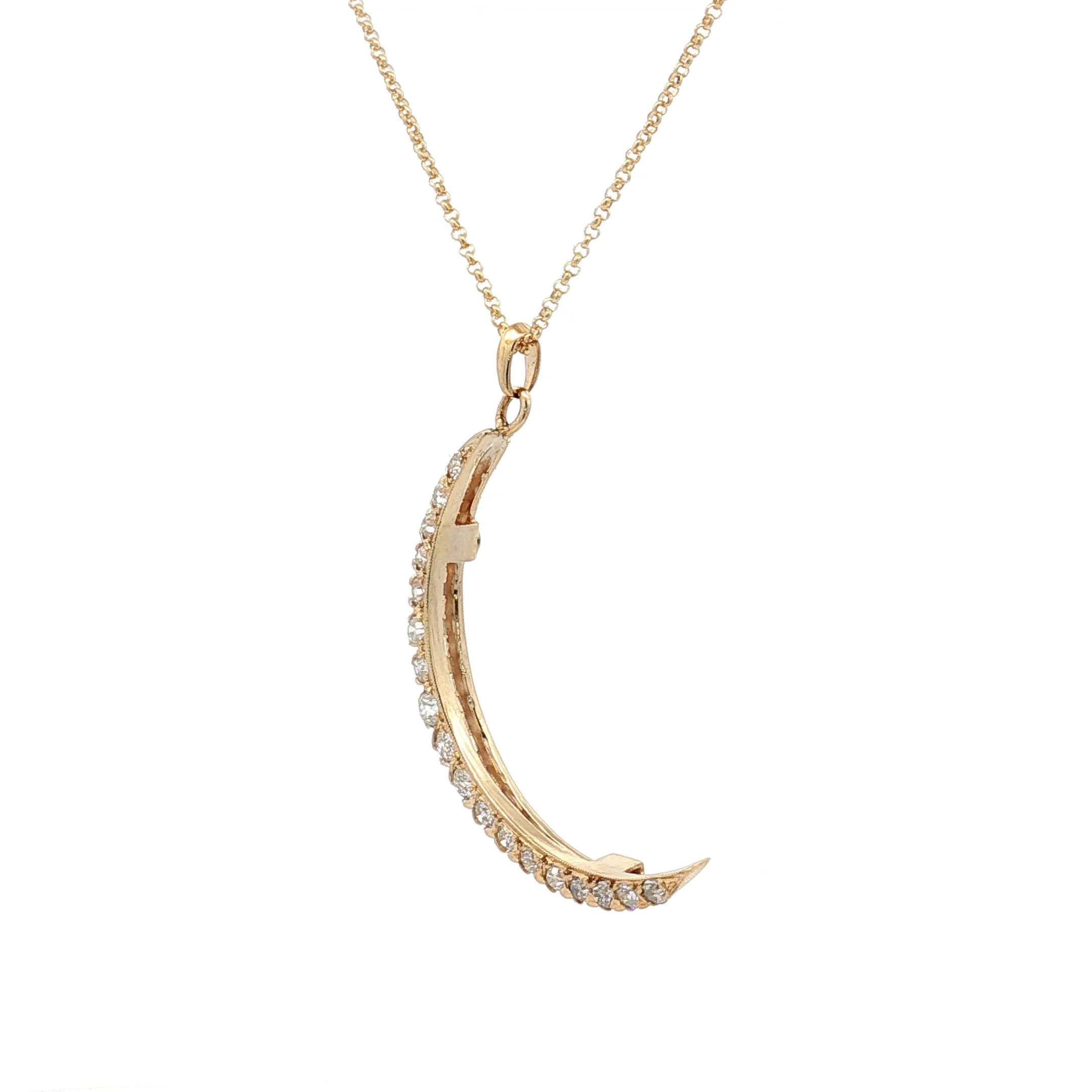 .78 Antique Diamond Crescent Moon Pendant Necklace 14k - Image 2