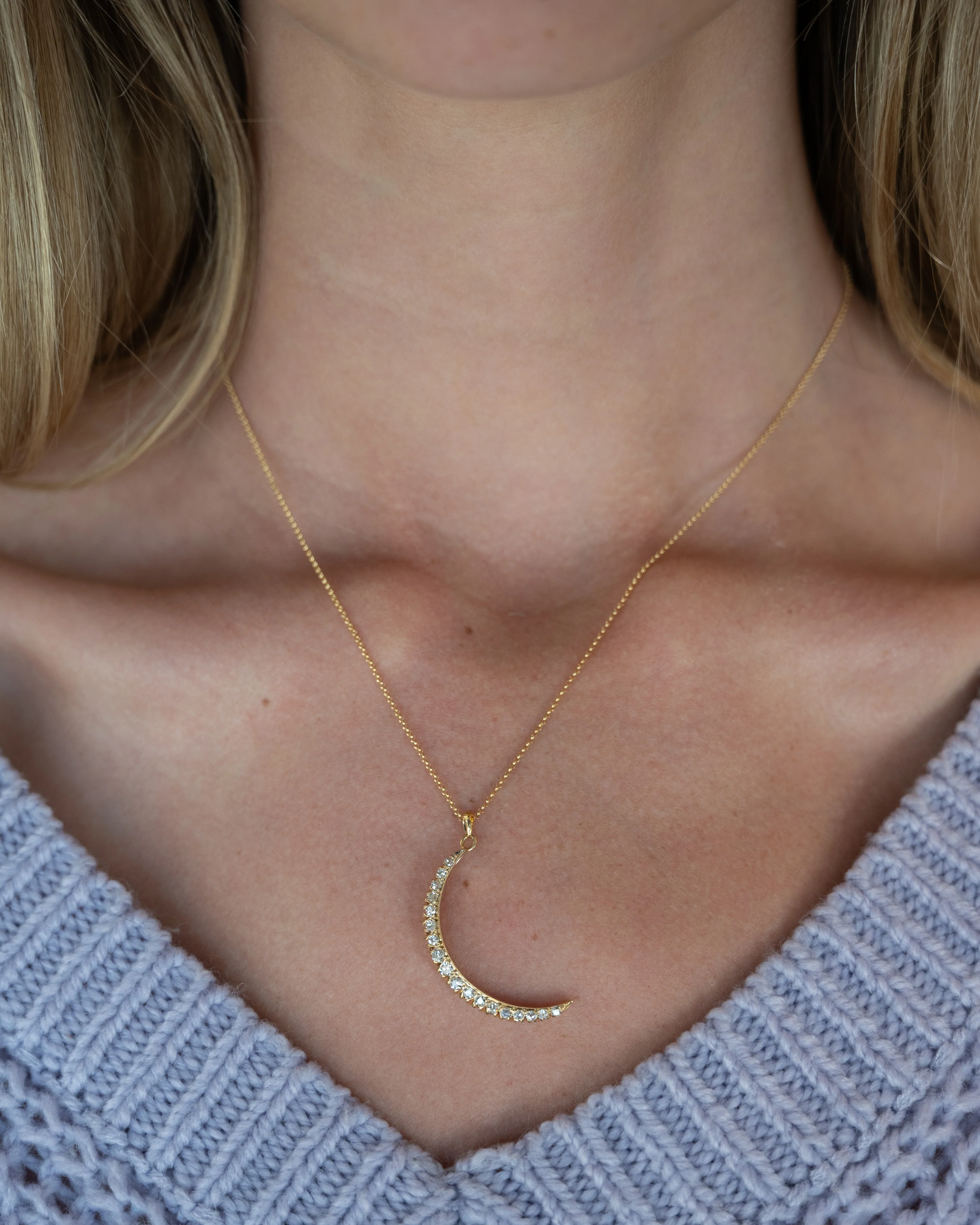 .78 Antique Diamond Crescent Moon Pendant Necklace 14k - Image 6