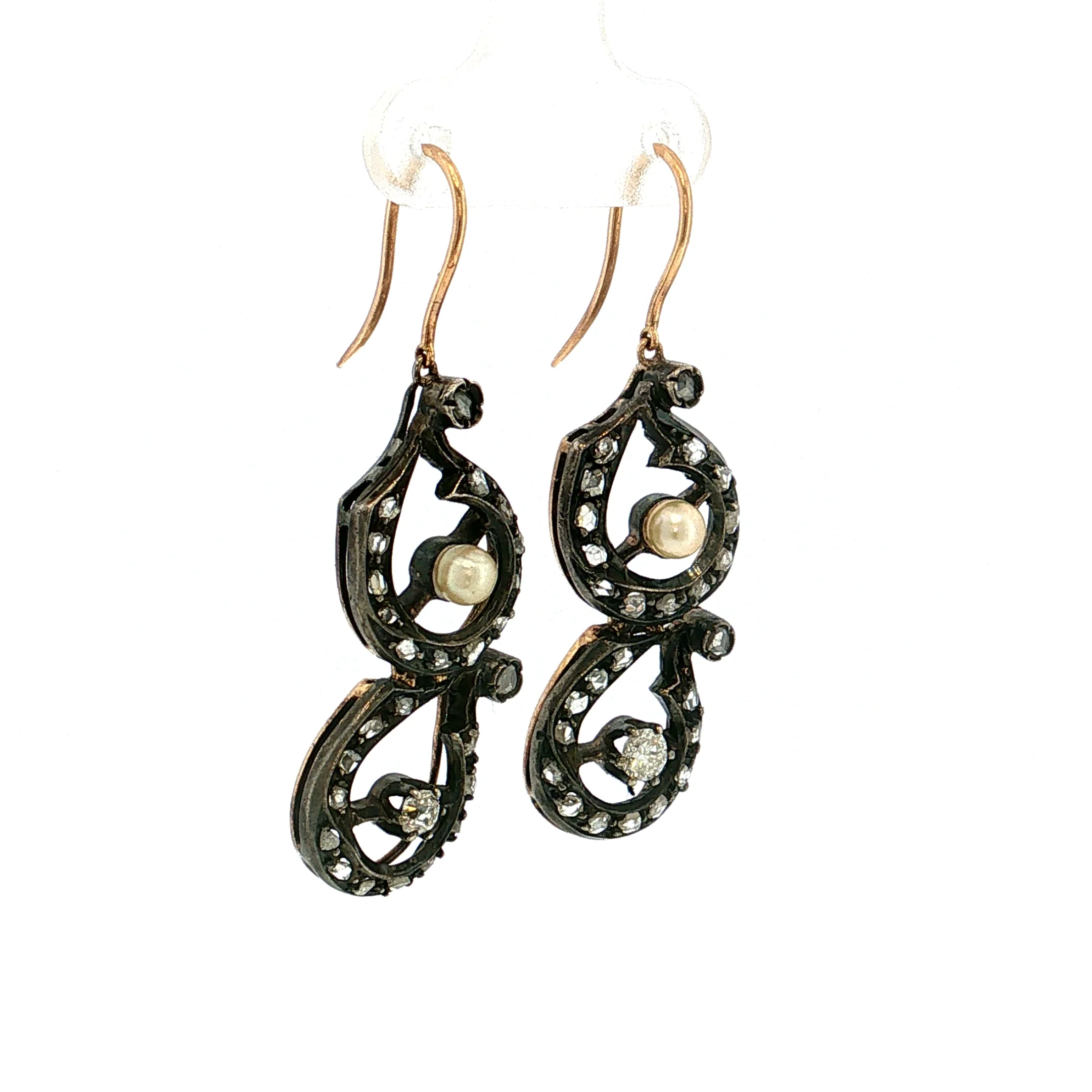 .82 Georgian Diamond & Pearl Drop Earrings Silver & 14k - Image 3