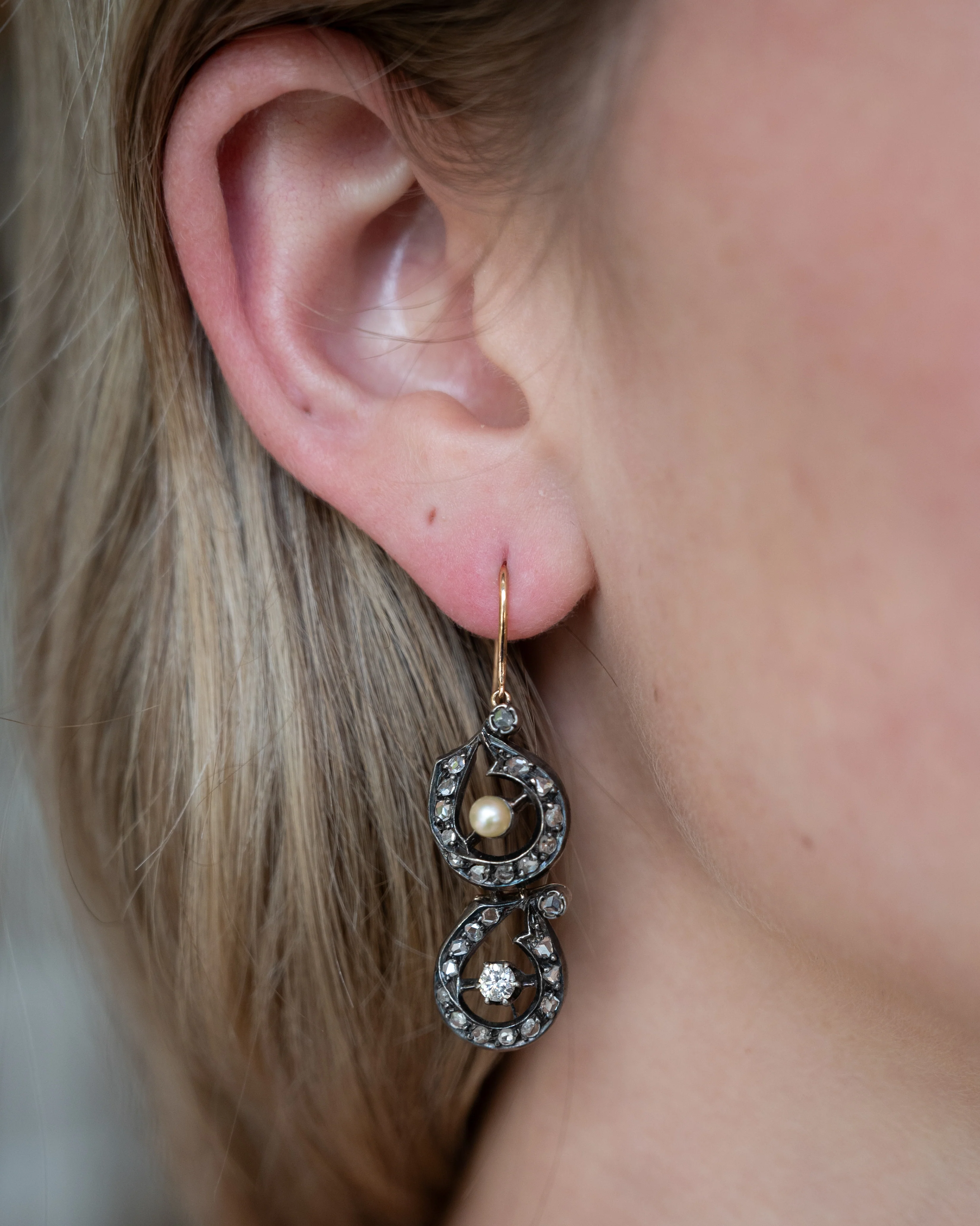 .82 Georgian Diamond & Pearl Drop Earrings Silver & 14k - Image 4