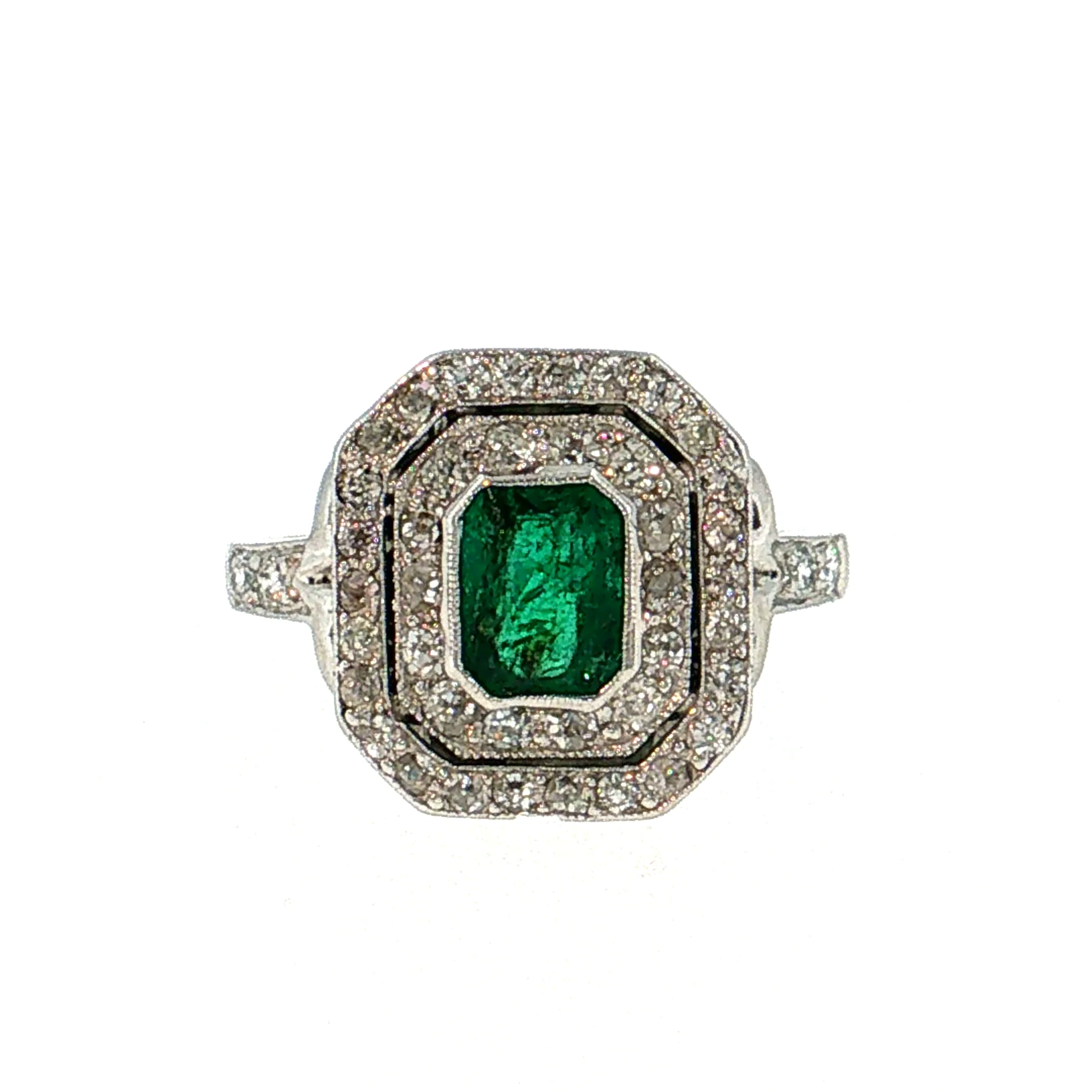 .86 Vintage Deco Emerald Cocktail Ring Platinum & 14k