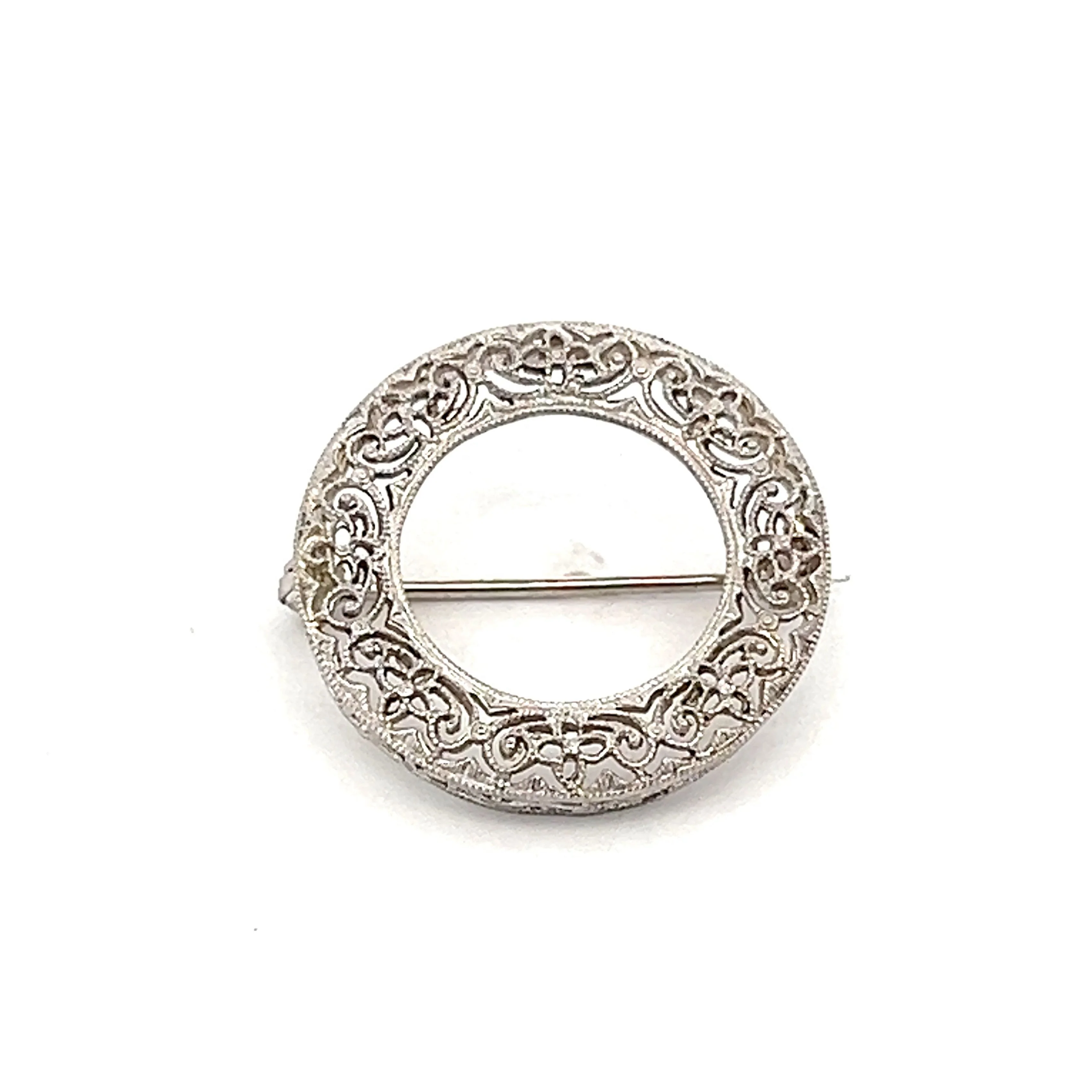 Antique Art Deco Circle Filigree Brooch in 14k White Gold