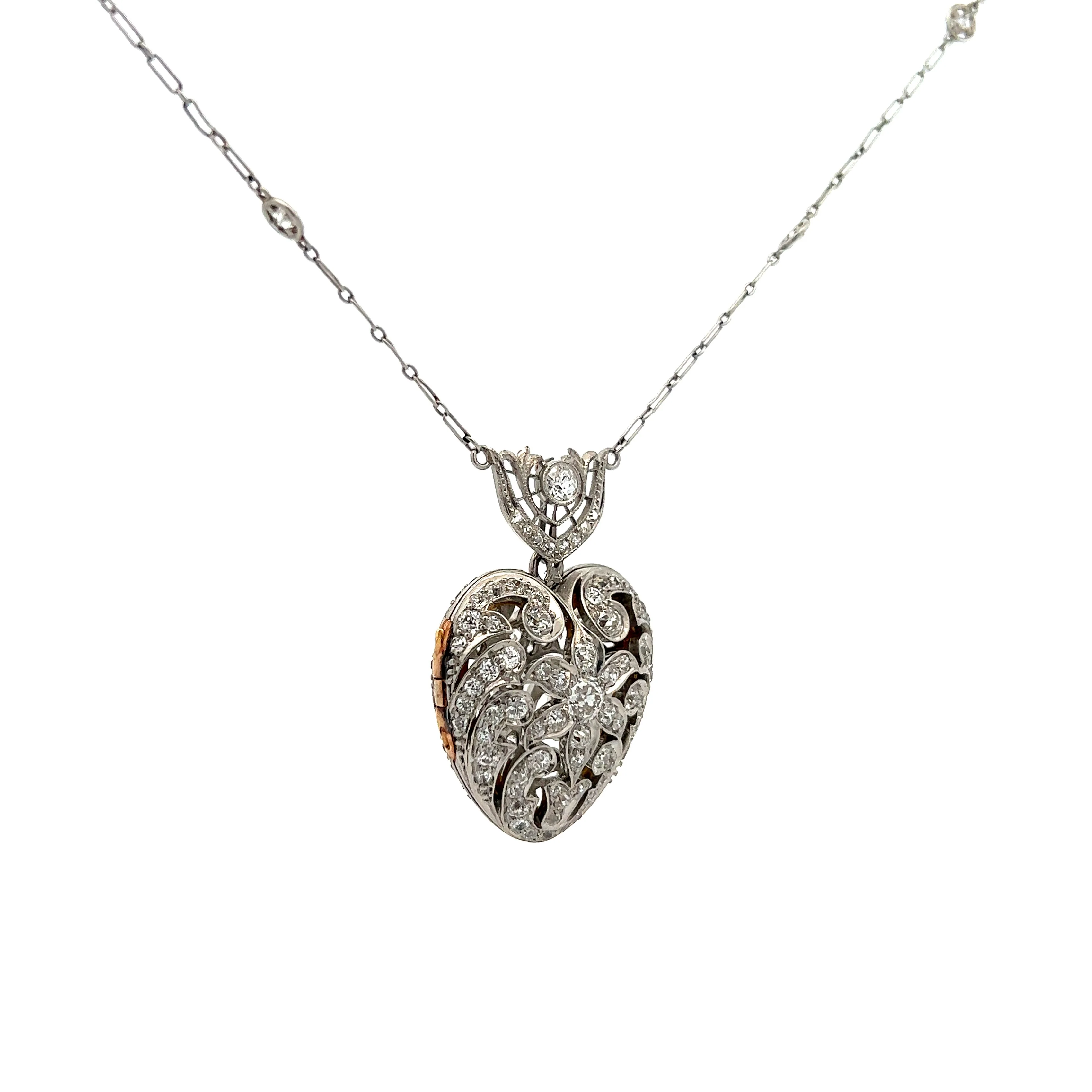 Antique Art Deco Diamond Heart Pendant in Platinum & 14k Yellow Gold - Image 3