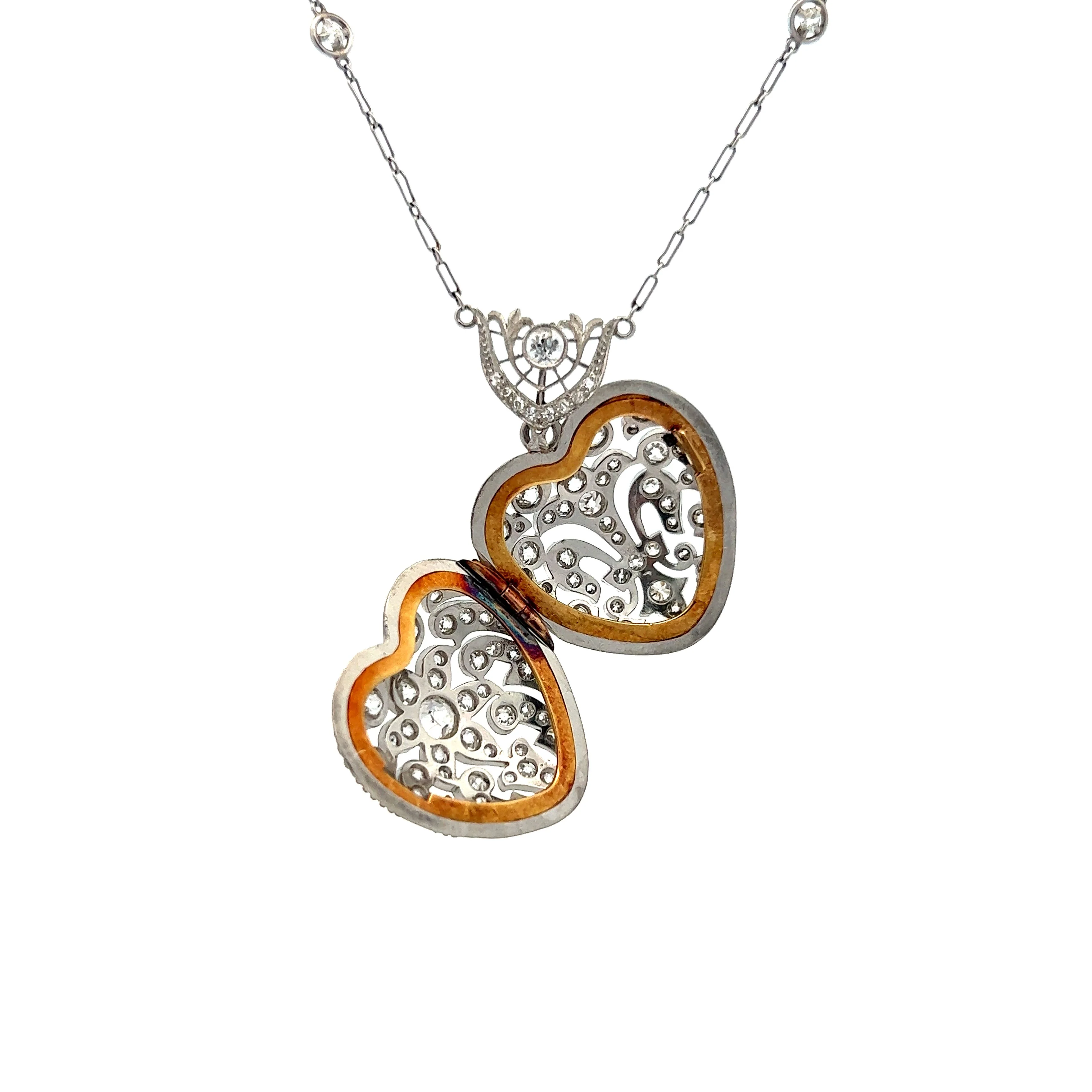 Antique Art Deco Diamond Heart Pendant in Platinum & 14k Yellow Gold - Image 4