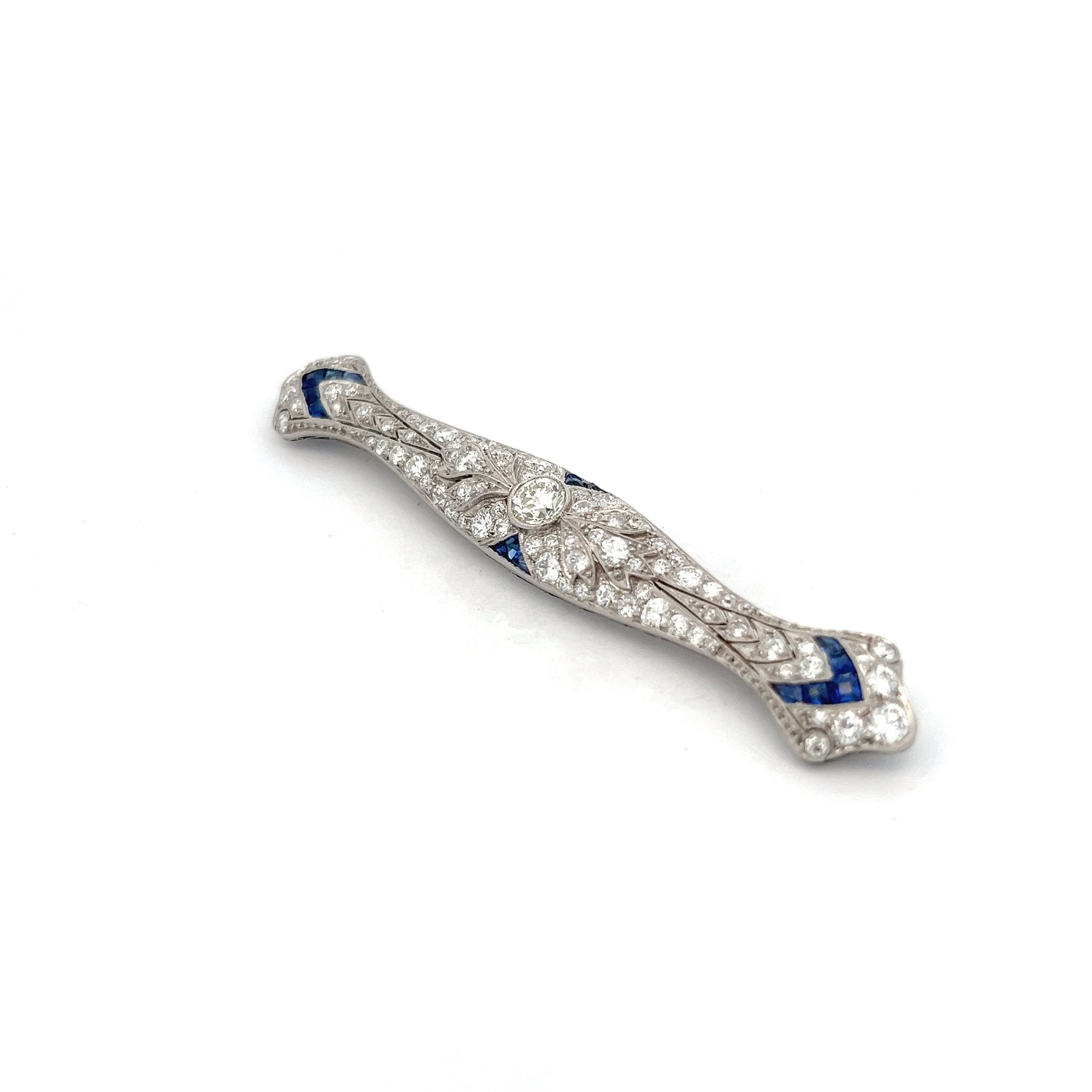Antique Art Deco Diamond & Sapphire Brooch in Platinum - Image 2