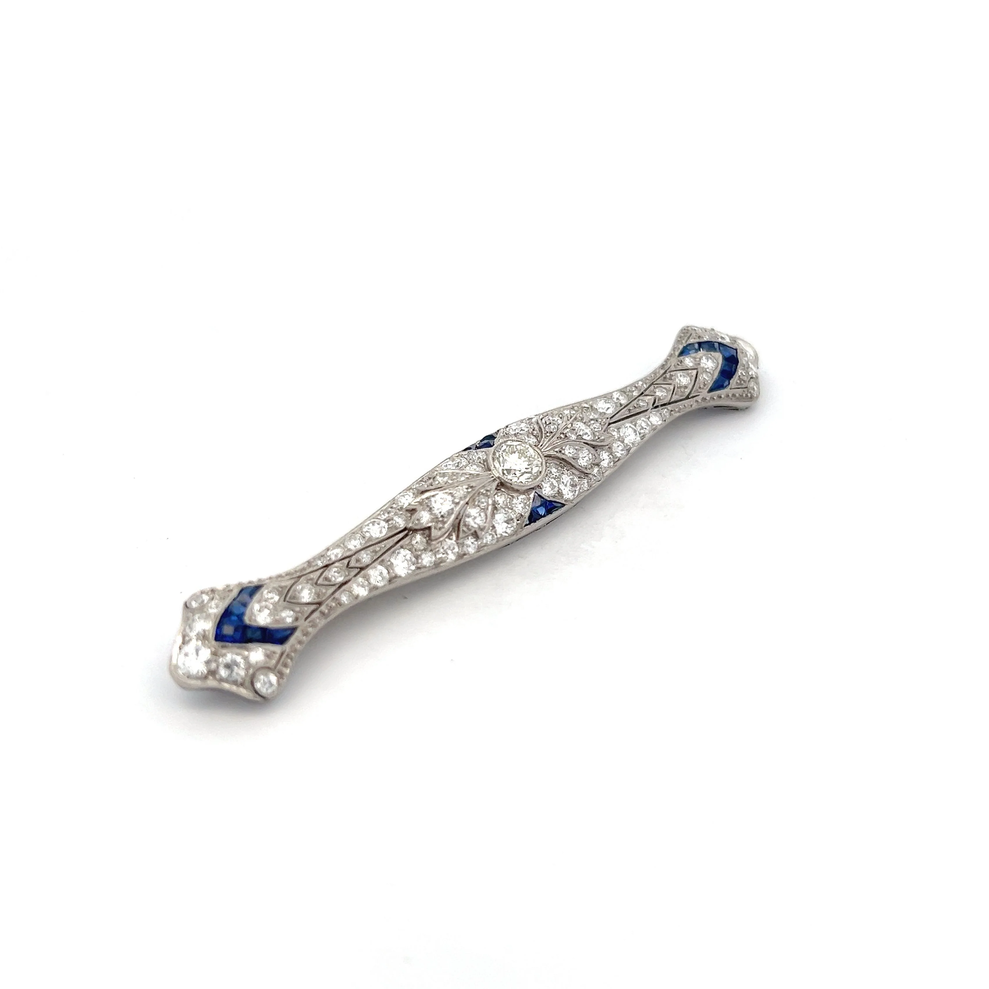 Antique Art Deco Diamond & Sapphire Brooch in Platinum - Image 3