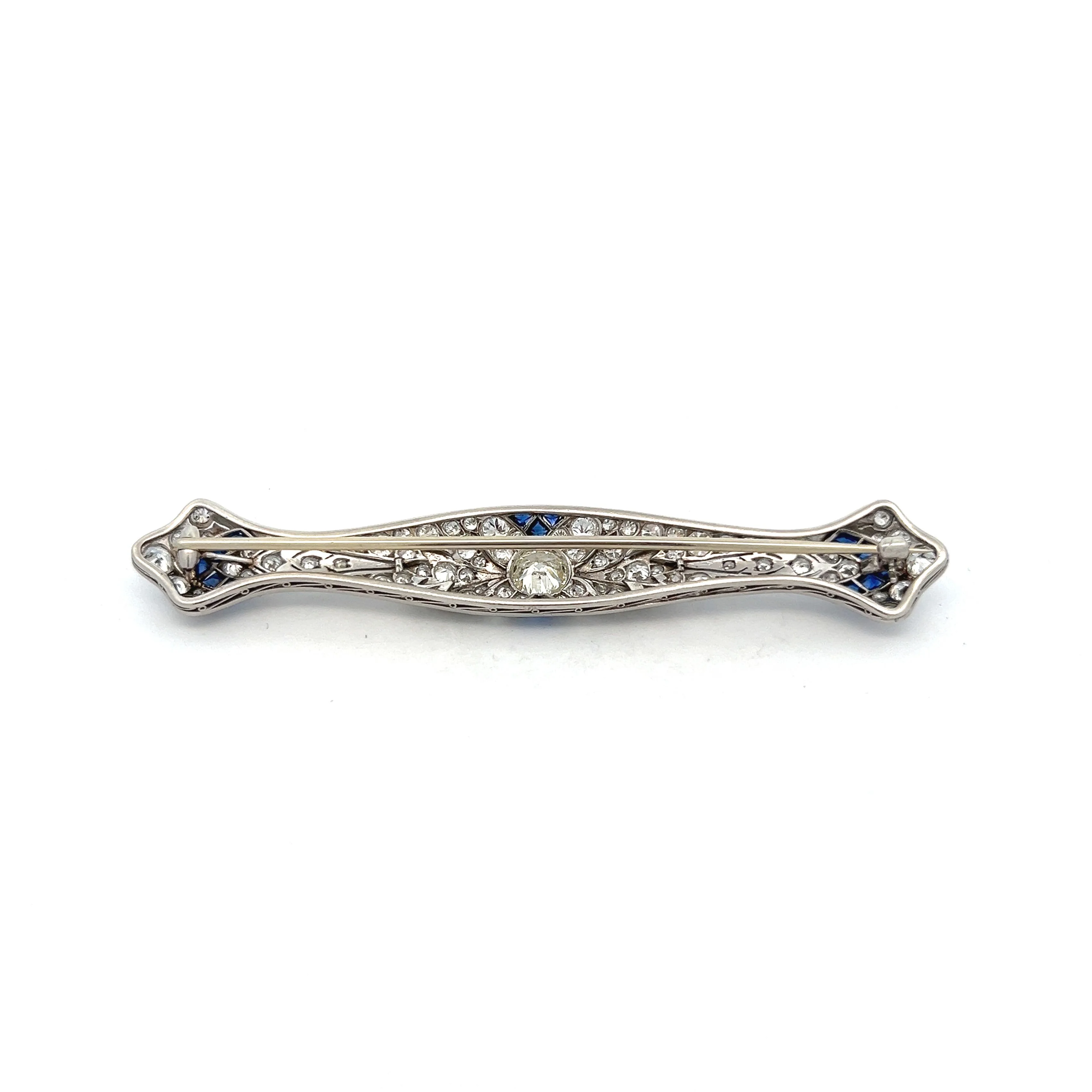 Antique Art Deco Diamond & Sapphire Brooch in Platinum - Image 4