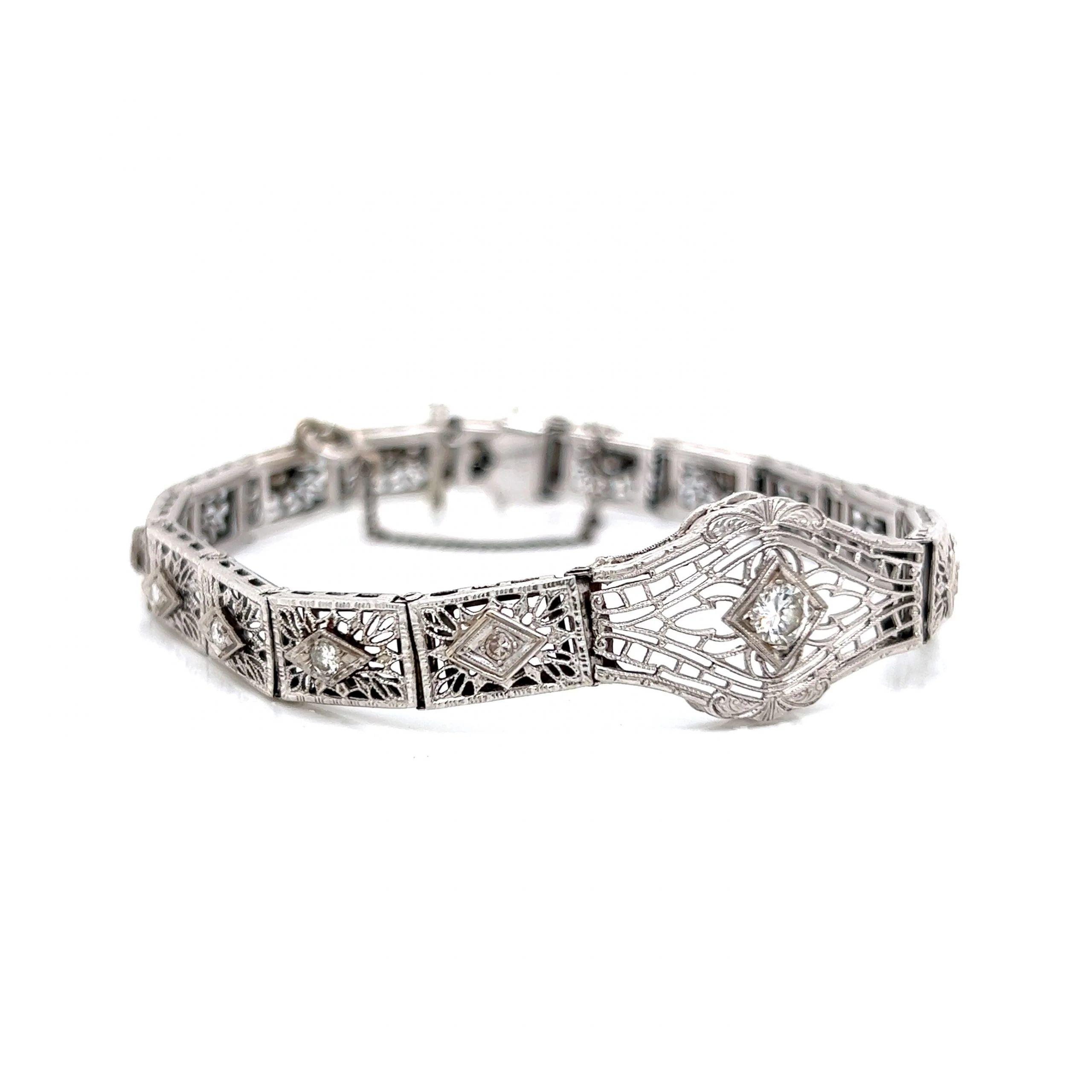 Antique Art Deco Filigree Diamond Bracelet in 14k White Gold - Image 3