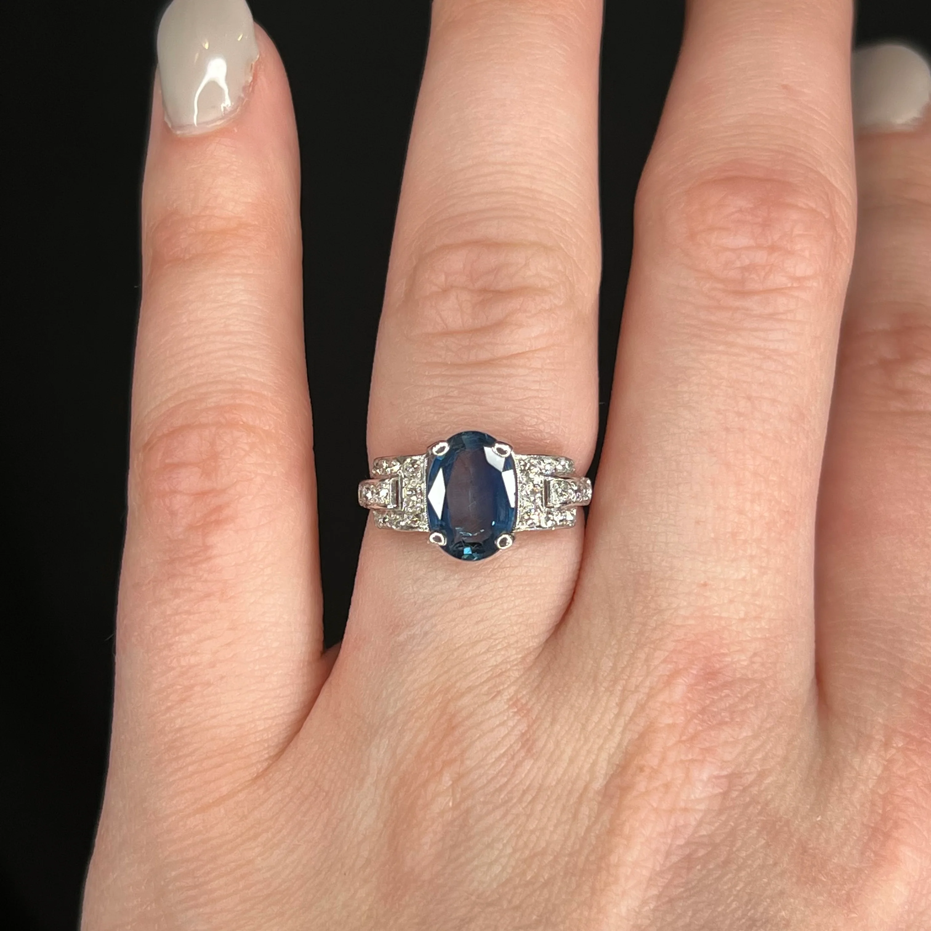 Antique Art Deco Oval Sapphire & Diamond Ring in 18k - Image 6