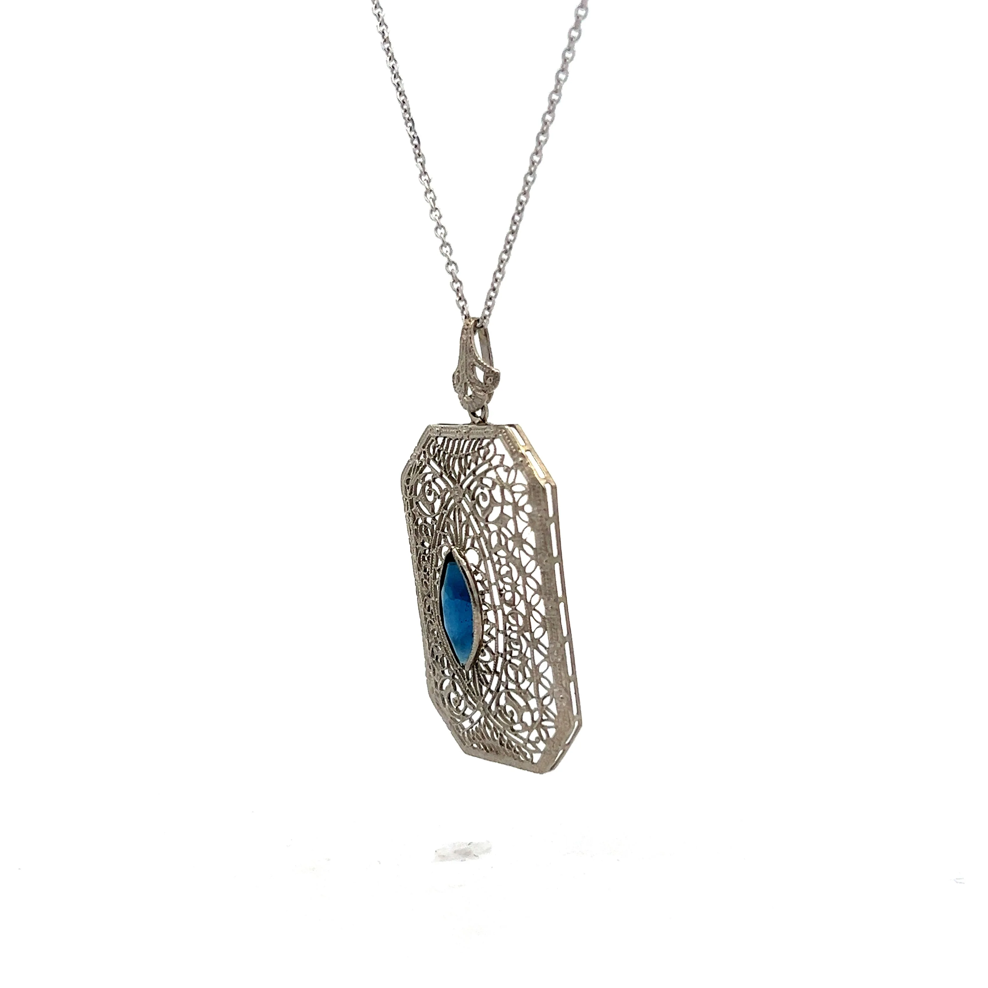 Antique Art Deco Sapphire Pendant in White Gold - Image 2
