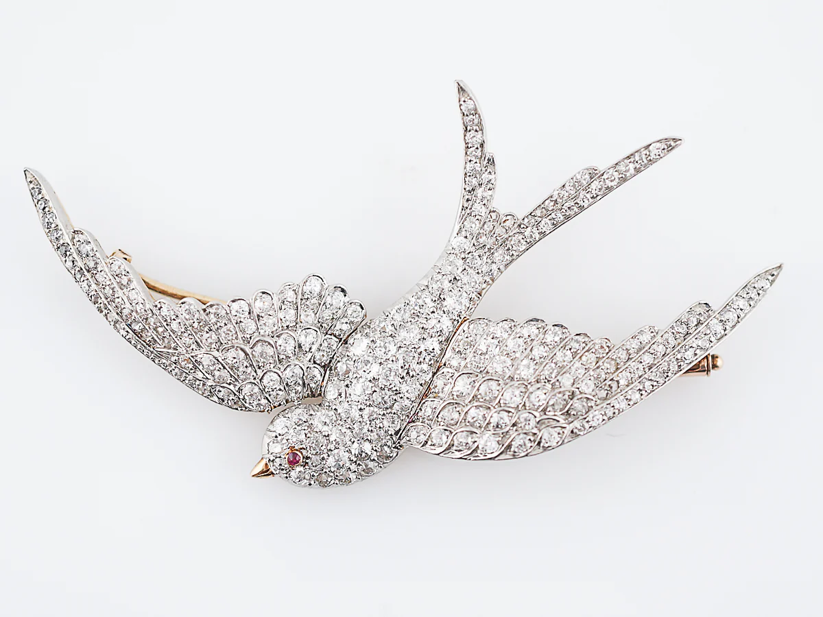 Antique Bird Brooch Edwardian 3.07 Old European Cut Diamonds in Platinum & 18k Yellow Gold