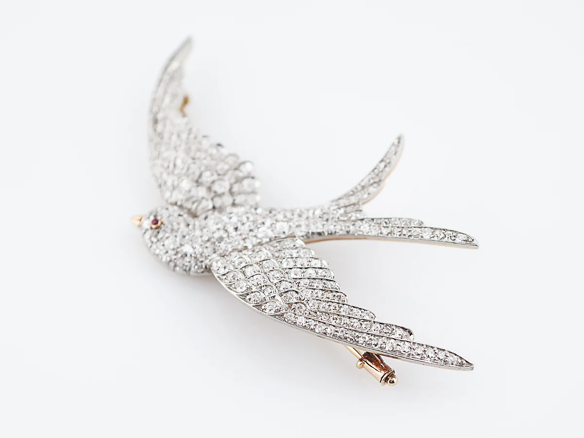 Antique Bird Brooch Edwardian 3.07 Old European Cut Diamonds in Platinum & 18k Yellow Gold - Image 2