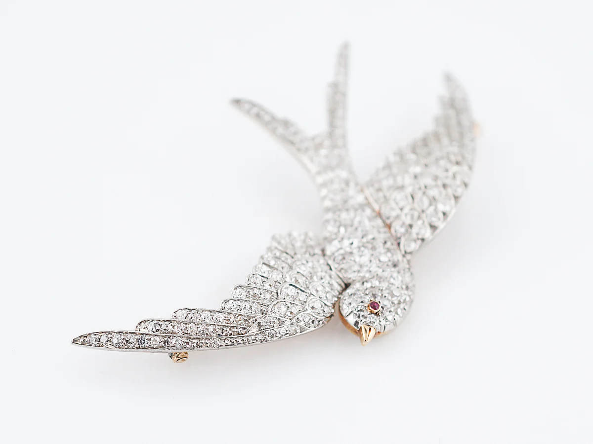Antique Bird Brooch Edwardian 3.07 Old European Cut Diamonds in Platinum & 18k Yellow Gold - Image 3