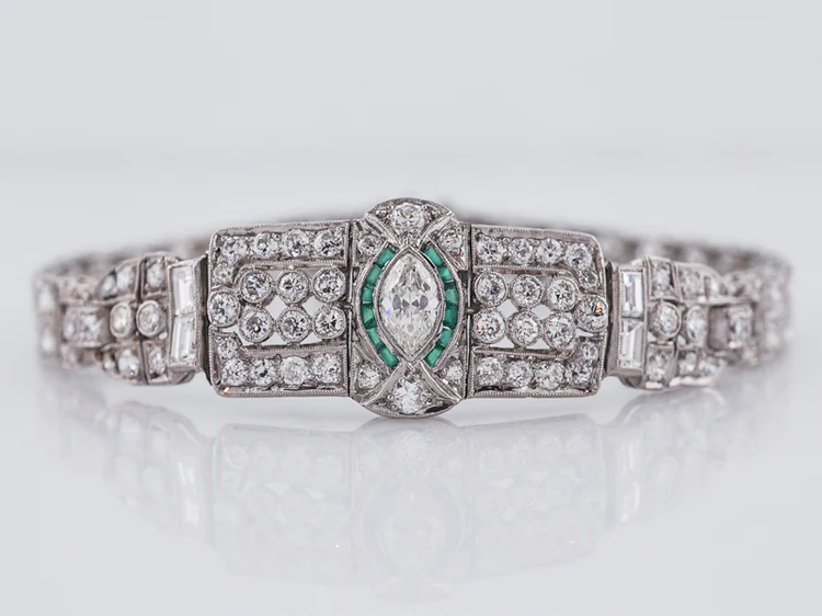 Antique Bracelet Art Deco 2.99 Old European Cut Diamond & .07 Emeralds in Platinum