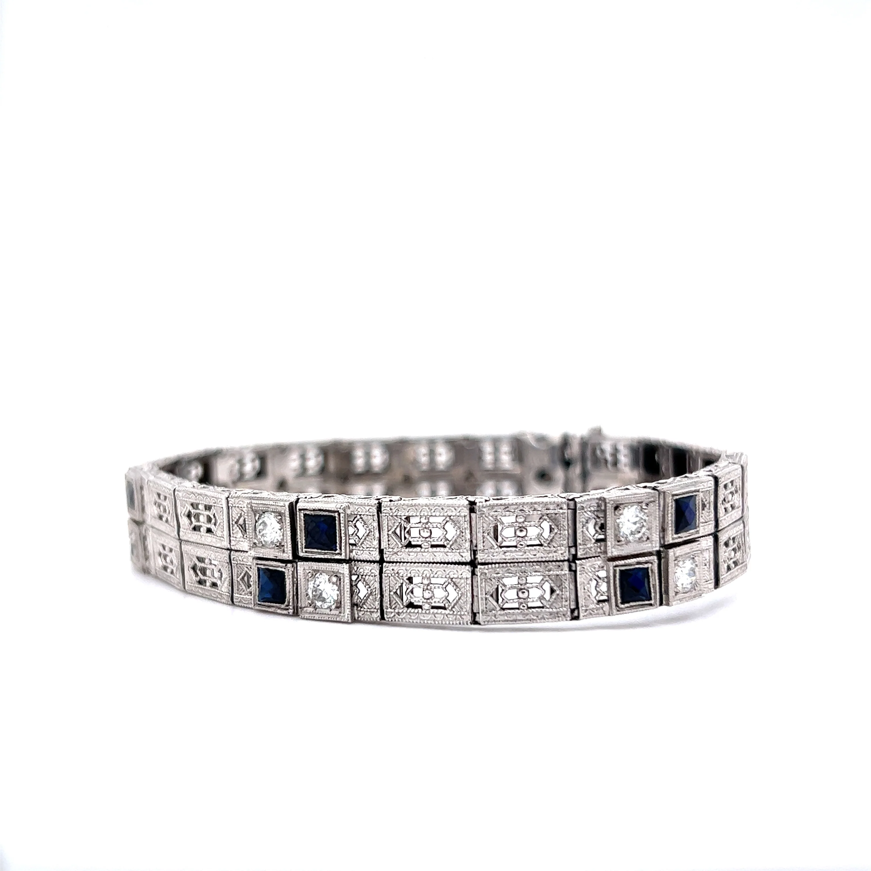 Antique Bracelet Art Deco .75 Calibre Cut Diamond & Sapphire in 14K White Gold - Image 2