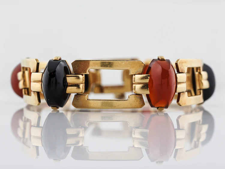 Antique Bracelet French Art Deco Onyx & Carnelian Cabochon Cut in 14k Yellow Gold