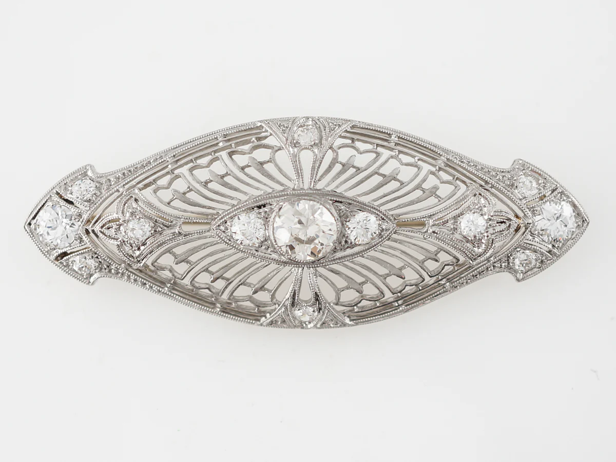 **RTV 1/9/19**Antique Brooch Art Deco 1.54 Old European & Mine Cut Diamonds in Platinum