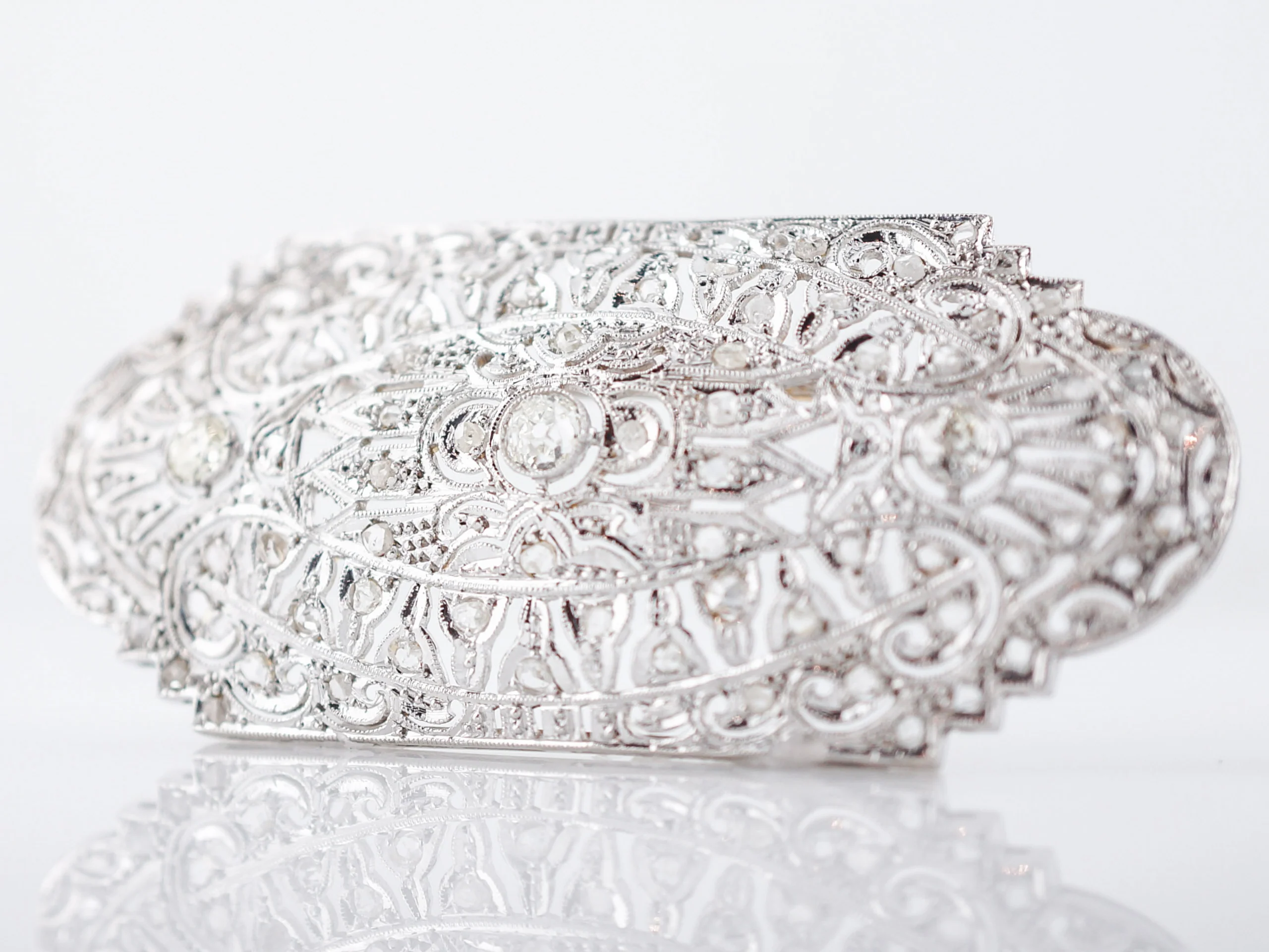 Antique Brooch Art Deco 1.95 Old Mine & Rose Cut Diamonds in 14k White Gold - Image 4