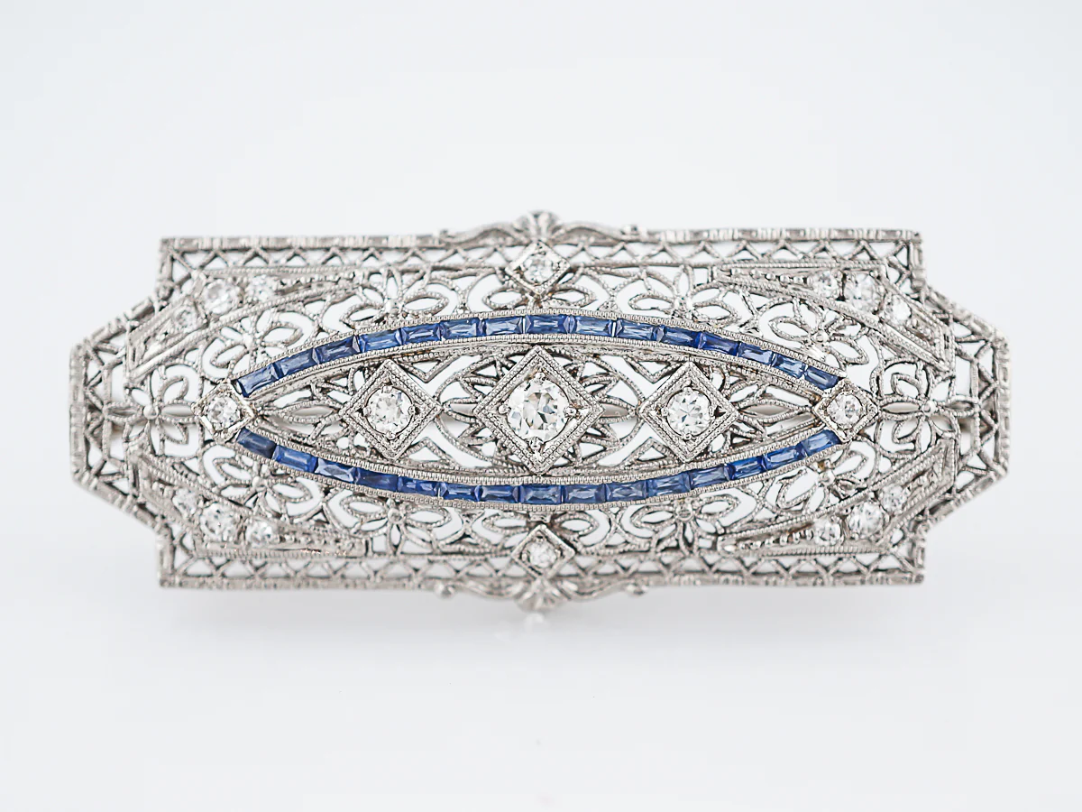 Antique Brooch Art Deco .67 Transitional Cut Diamonds & .90 French Cut Sapphire in 14k White Gold