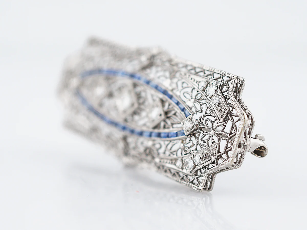 Antique Brooch Art Deco .67 Transitional Cut Diamonds & .90 French Cut Sapphire in 14k White Gold - Image 2