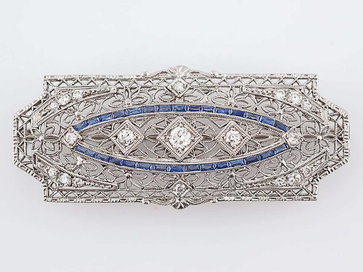 Antique Brooch Art Deco .67 Transitional Cut Diamonds & .90 French Cut Sapphire in 14k White Gold - Image 5