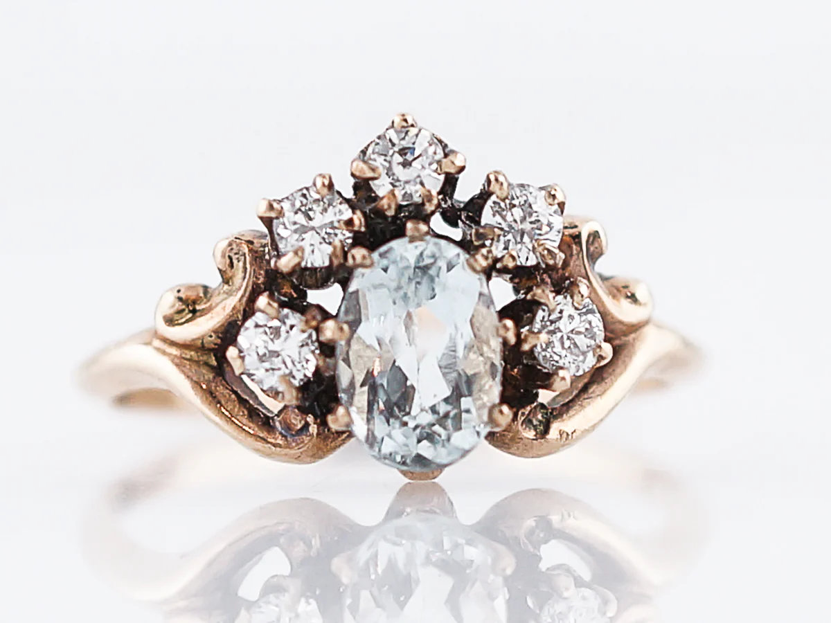 Antique Cluster Right Hand Ring Victorian .49 Oval Cut Aquamarine & Diamonds in 12-14K Rose Gold