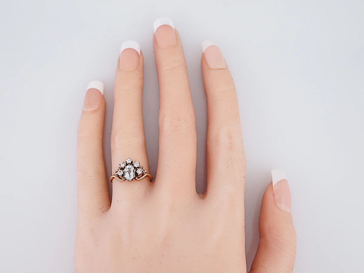 Antique Cluster Right Hand Ring Victorian .49 Oval Cut Aquamarine & Diamonds in 12-14K Rose Gold - Image 6